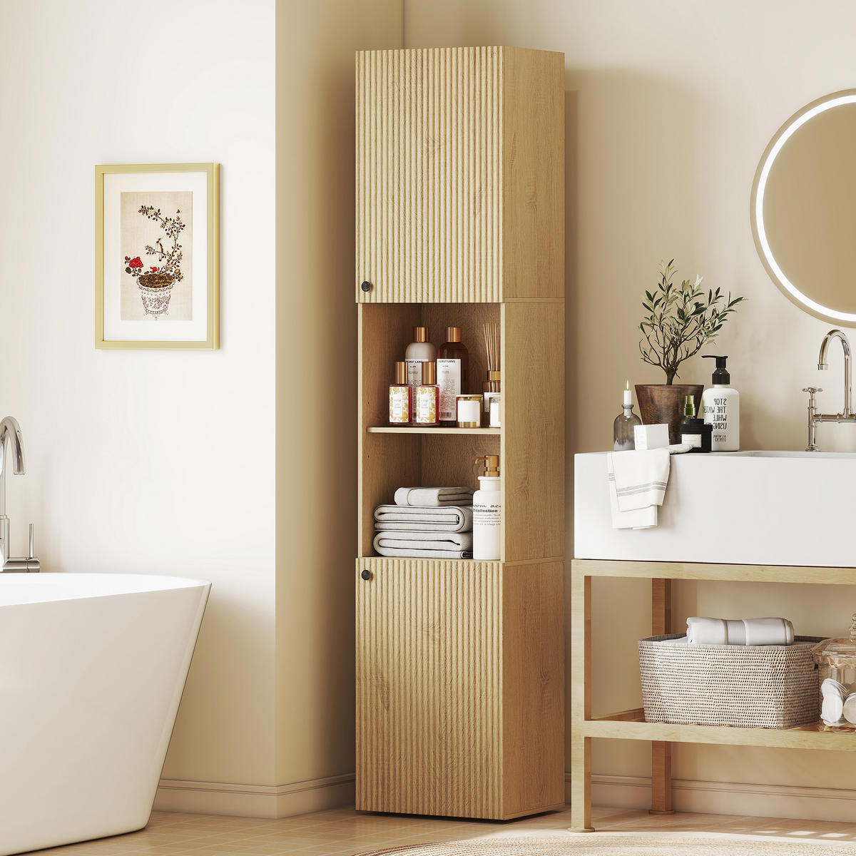 BADEZIMMERSCHRANK hoch schmal mit 2 Türen Verstellbaren Ablagen offenen Fächern - Eichefarben/Schwarz, Holzwerkstoff/Kunststoff (31/182/40cm) - HOMCOM