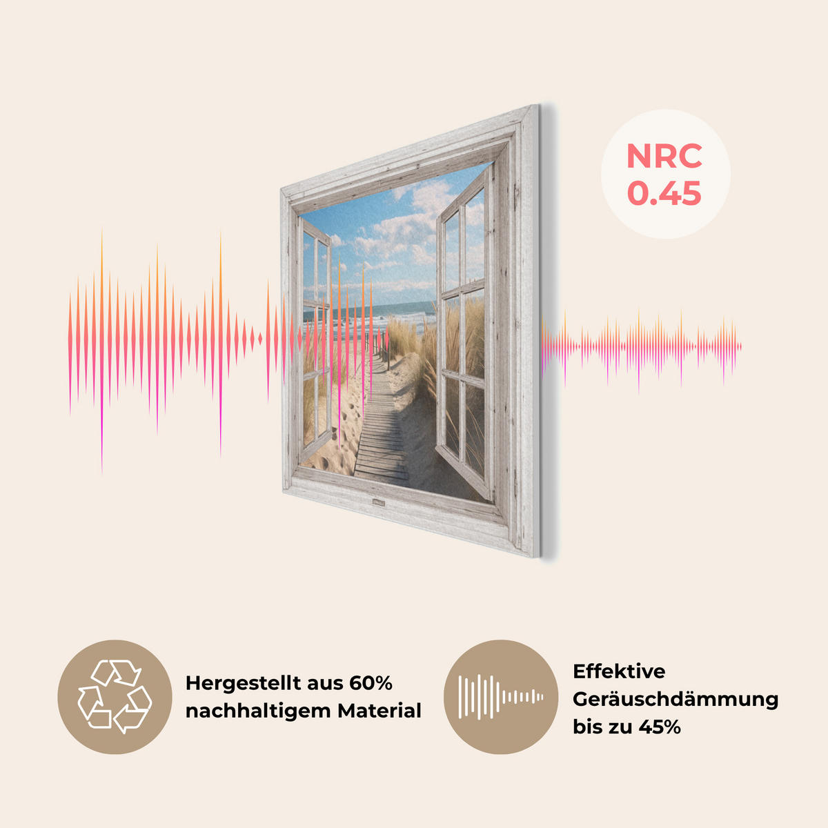 AKUSTIKBILD Fenster - Meer - Küste - Natur - Ausblick - Strand - Wattenmeer Akustikpaneele 90x60 cm - Beige, Kunststoff (90/60/0.9cm) - MuchoWow