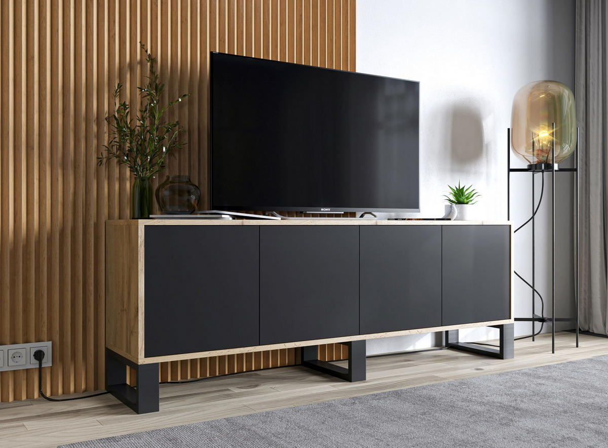 TV-SCHRANK Apollo2 Eiche wotan Schwarz Matt mit Metallbeinen 150/53/35 cm - Schwarz, Holzwerkstoff/Metall (150/53/35cm) - Meble Lindner
