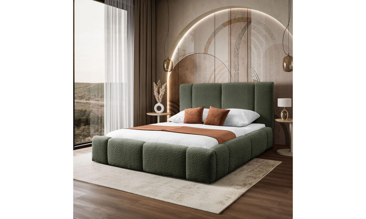 POLSTERBETT ELENA 140x200 cm Olivgrün (Anthology 12), 34 Holzlatten, Kopfteil 108 cm - Grün, Textil (140/200cm) - Lookway