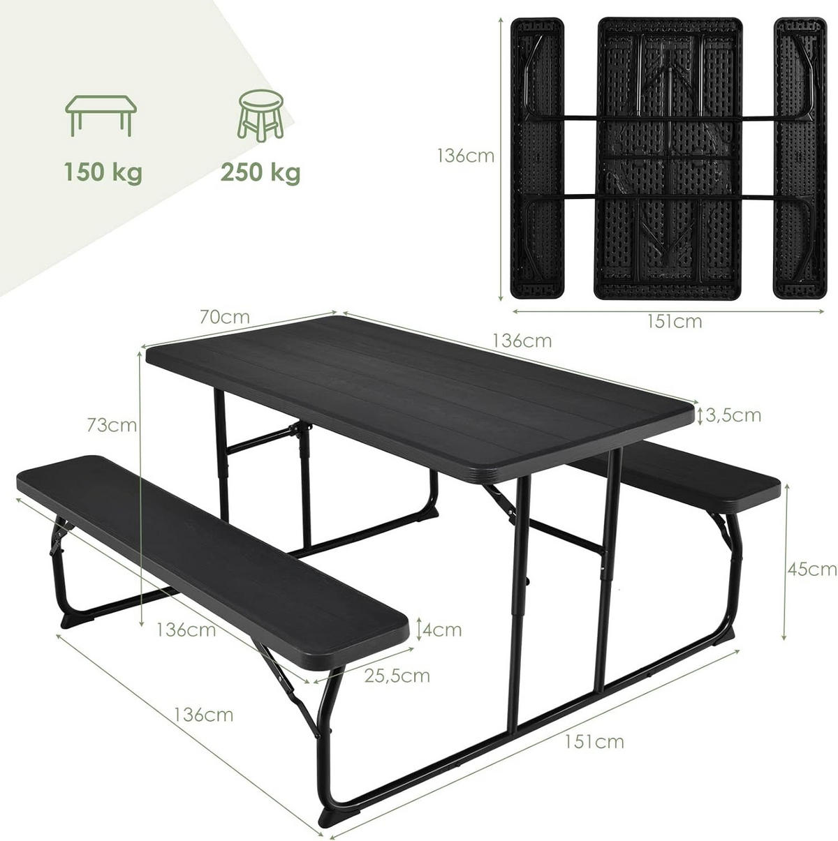 PICKNICKTISCH Klappbarer Schwarz - Schwarz, Metall - COSTWAY