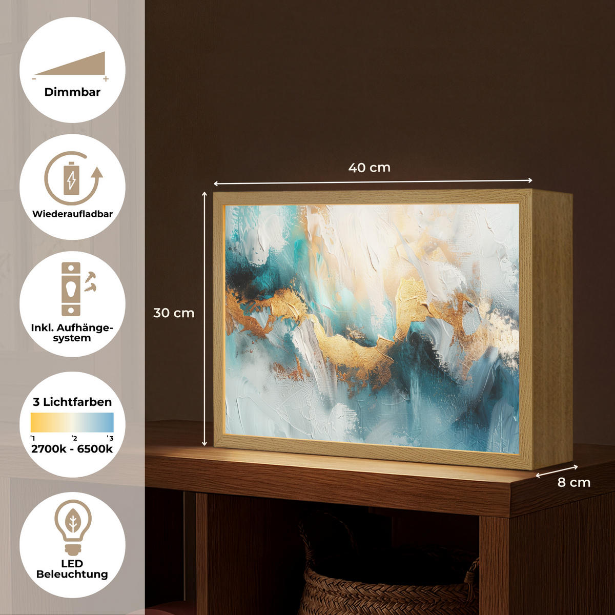 NÁSTĚNNÁ LAMPA S AKUMULÁTOREM Abstraktní - umění - zlatá - modrá 40x30 cm - tyrkysová, kompozitní dřevo (40/30/8cm) - OnlyWow