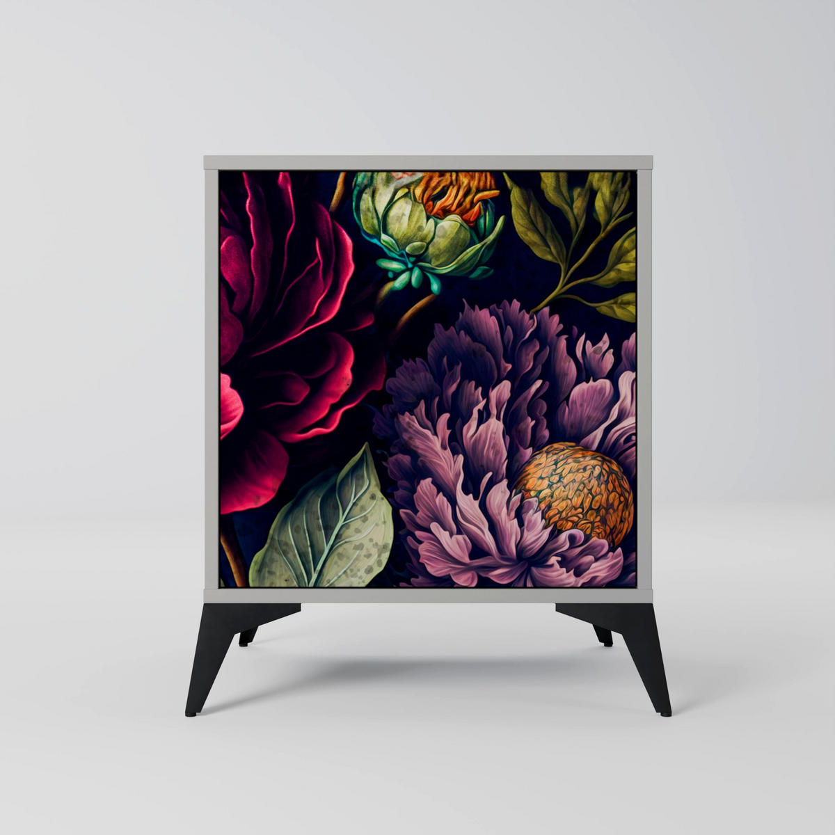 SIDEBOARD BLOOMING ELEGANCE, Grau, 57,5x42x72,5 cm, Schwarze Metallfüße - Multicolor/Schwarz, Holzwerkstoff/Metall (57.5/72.5/42cm) - SpaceRebels