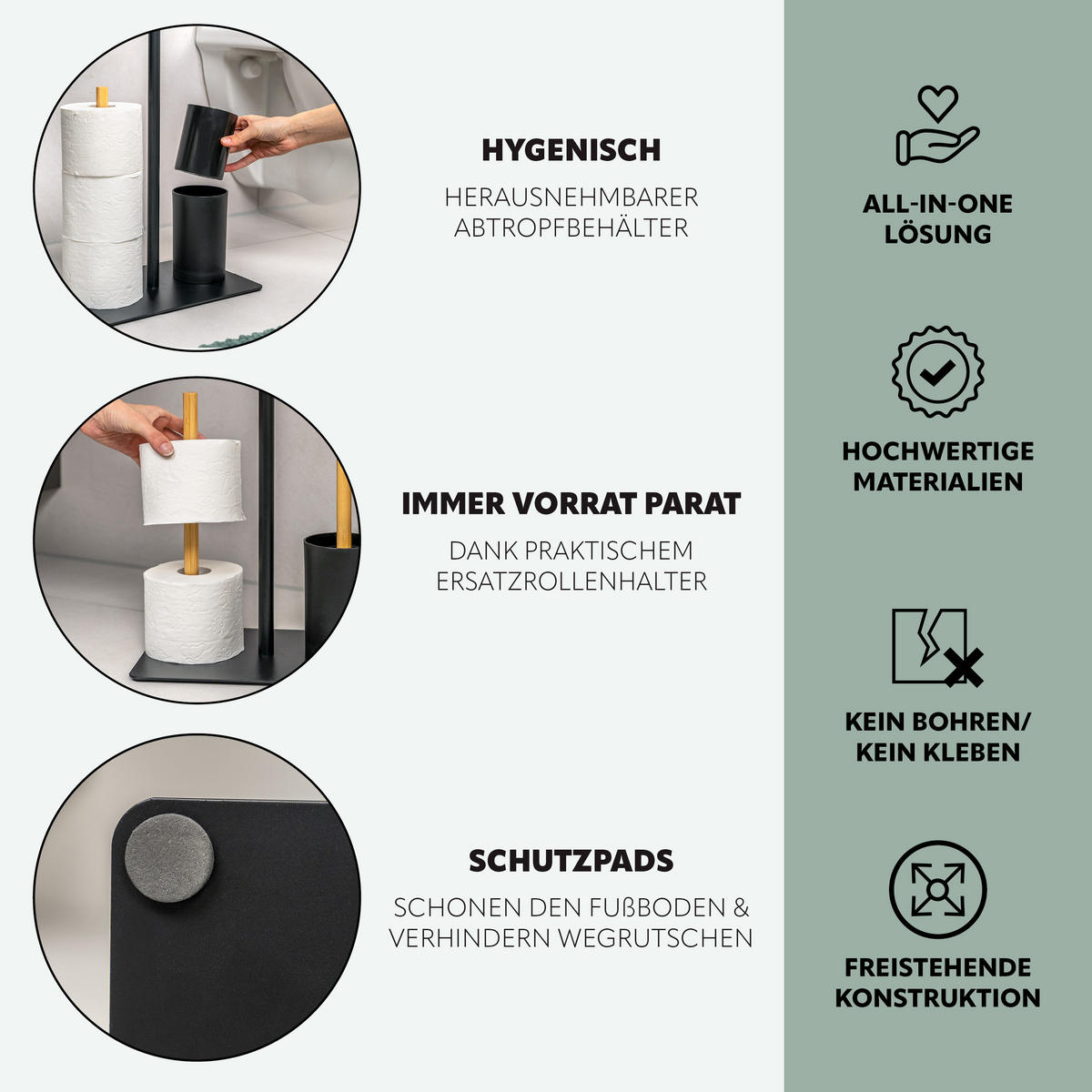 STAND-WC-GARNITUR 4in1, Bambus/Metall schwarz - Schwarz, Metall (30/68/20cm) - eluno