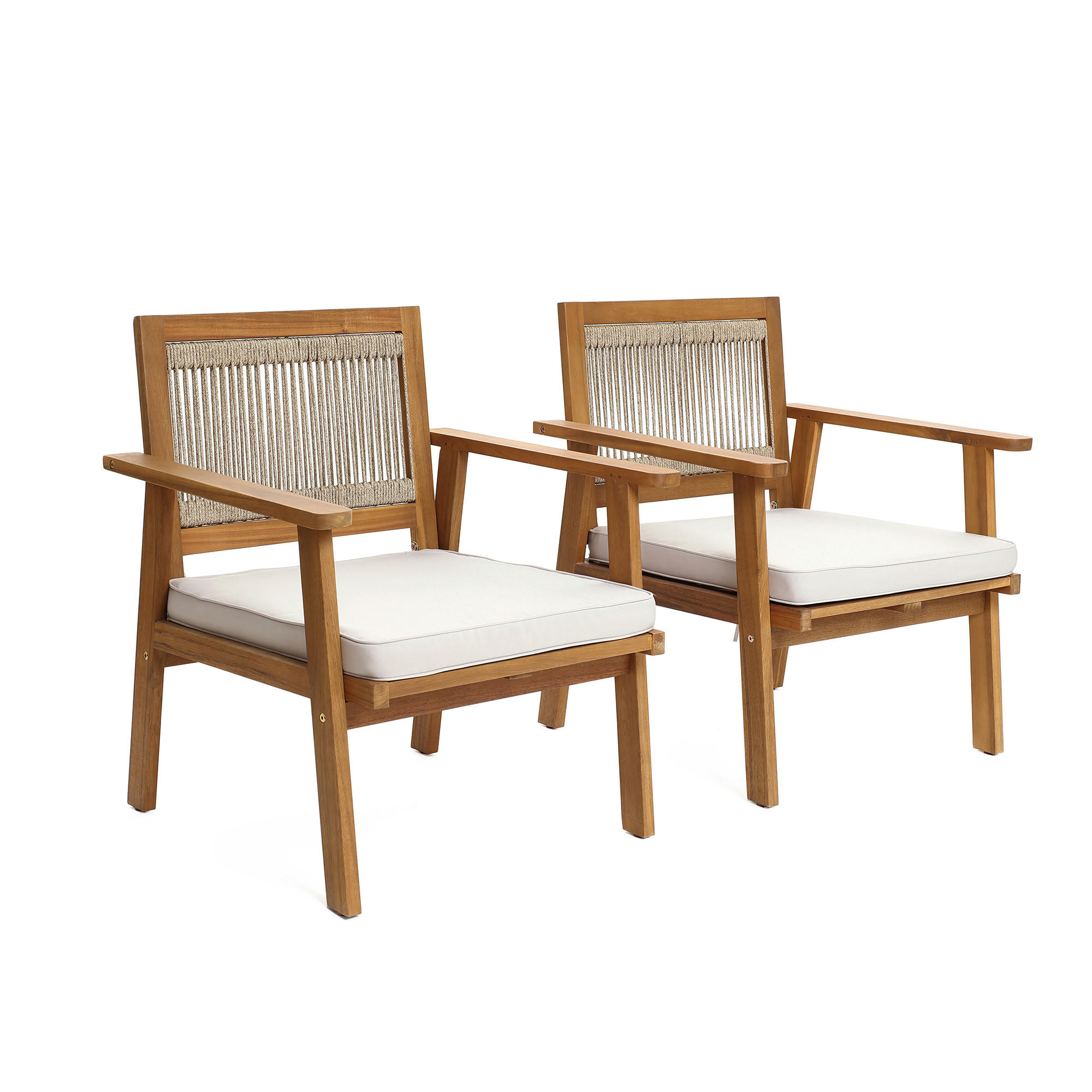 75CM Outdoor-Armlehnstühle aus Akazienholz mit Seilrückenlehne und Kissen, 2er-Set - Akaziefarben, Holz (64/74.5/64cm) - Hometopia