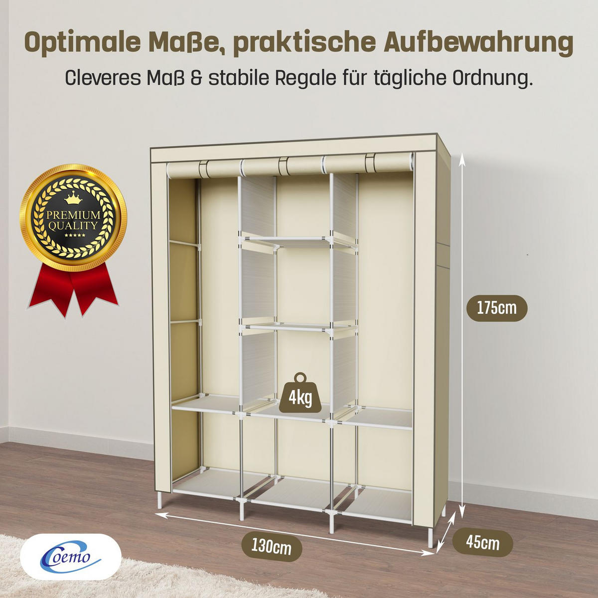 STOFFSCHRANK Kleiderschrank, 2 Kleiderstangen, 130/45/175 cm, Farbe: Schwarz - Schwarz, Textil (45/175/130cm) - Coemo