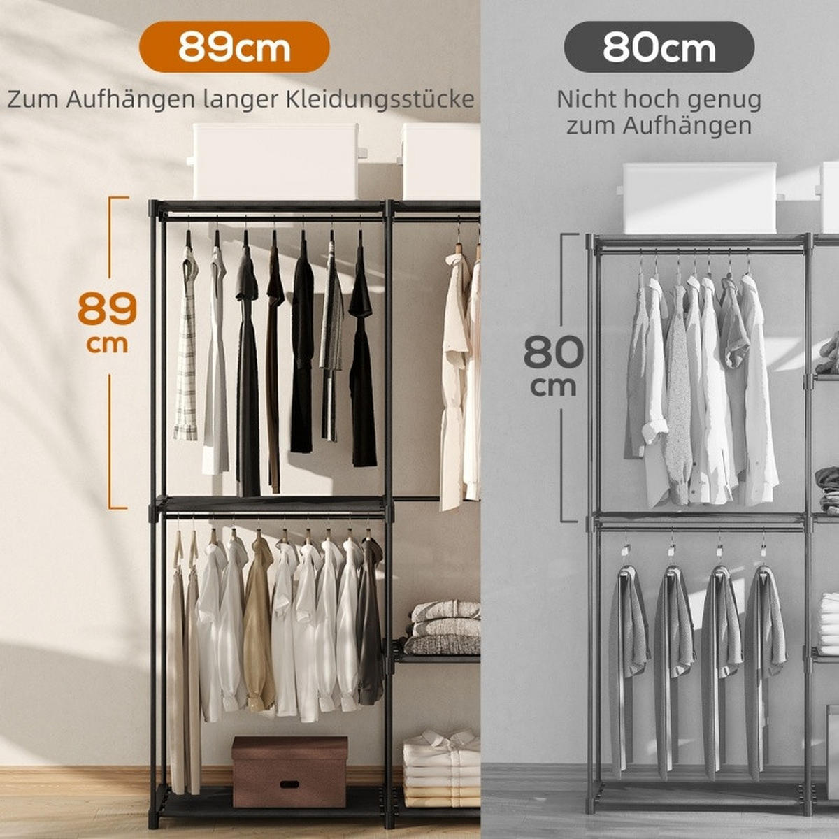 STANDKLEIDERSCHRANK 111/43/185 cm in Schwarz mit Kleiderstangen und 6 Ablagen - Schwarz, Metall (43/185/111cm) - BEAOK