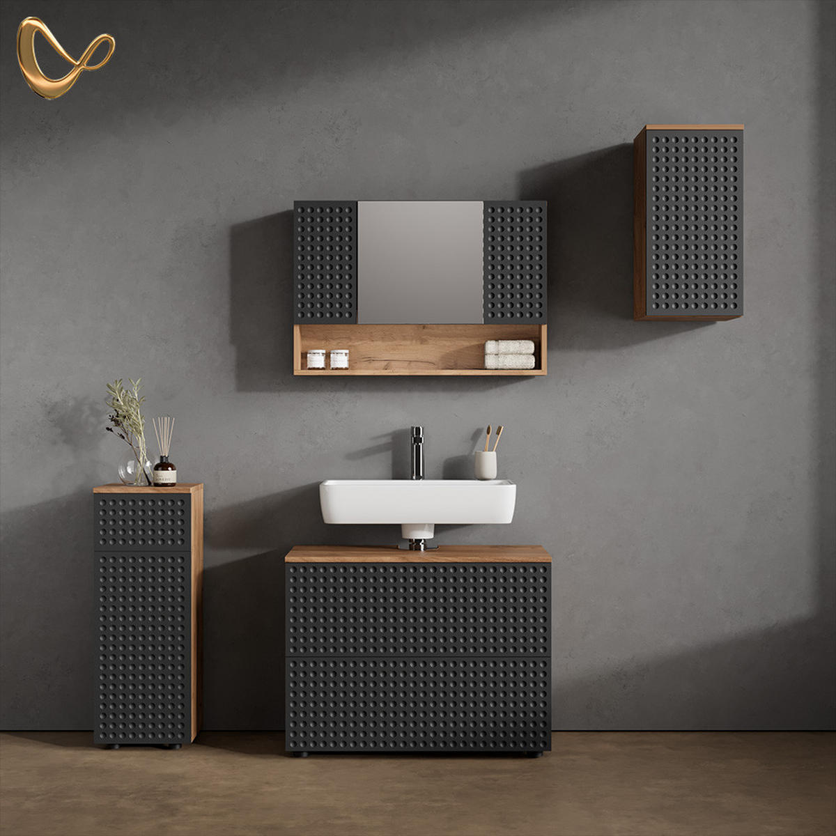 BADMÖBEL-SET Ronco Anthrazit gepunktet 4 Teile - Anthrazit/Eiche Wotan, Holzwerkstoff (80/58/41cm) - Livinity®