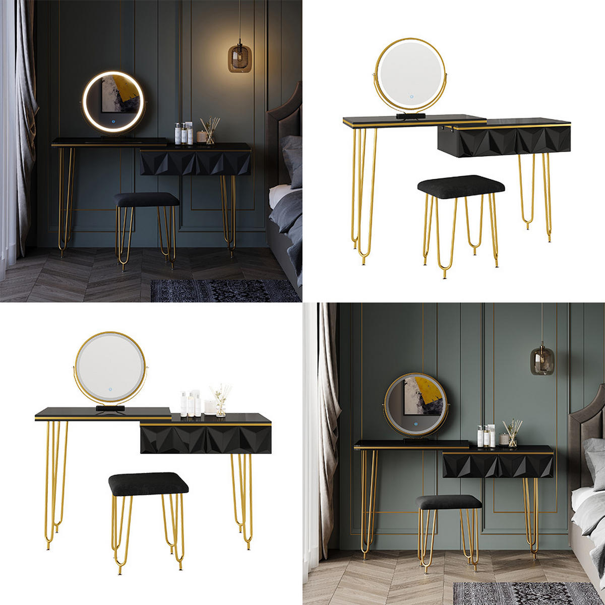 SCHMINKTISCH Bella Schwarz 120 cm mit LED Spiegel und Hocker - Schwarz, Holzwerkstoff (120/76/37cm) - Vicco