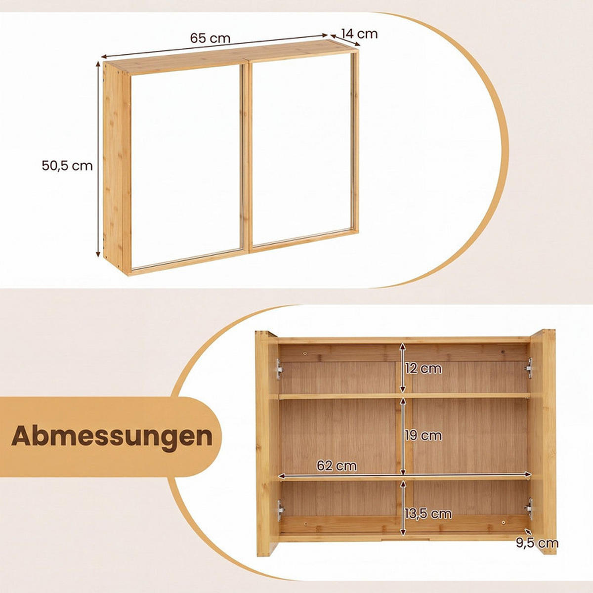 SPIEGELSCHRANK BAD aus Bambus natur - Naturfarben, Naturmaterialen (65/50.5/14cm) - COSTWAY