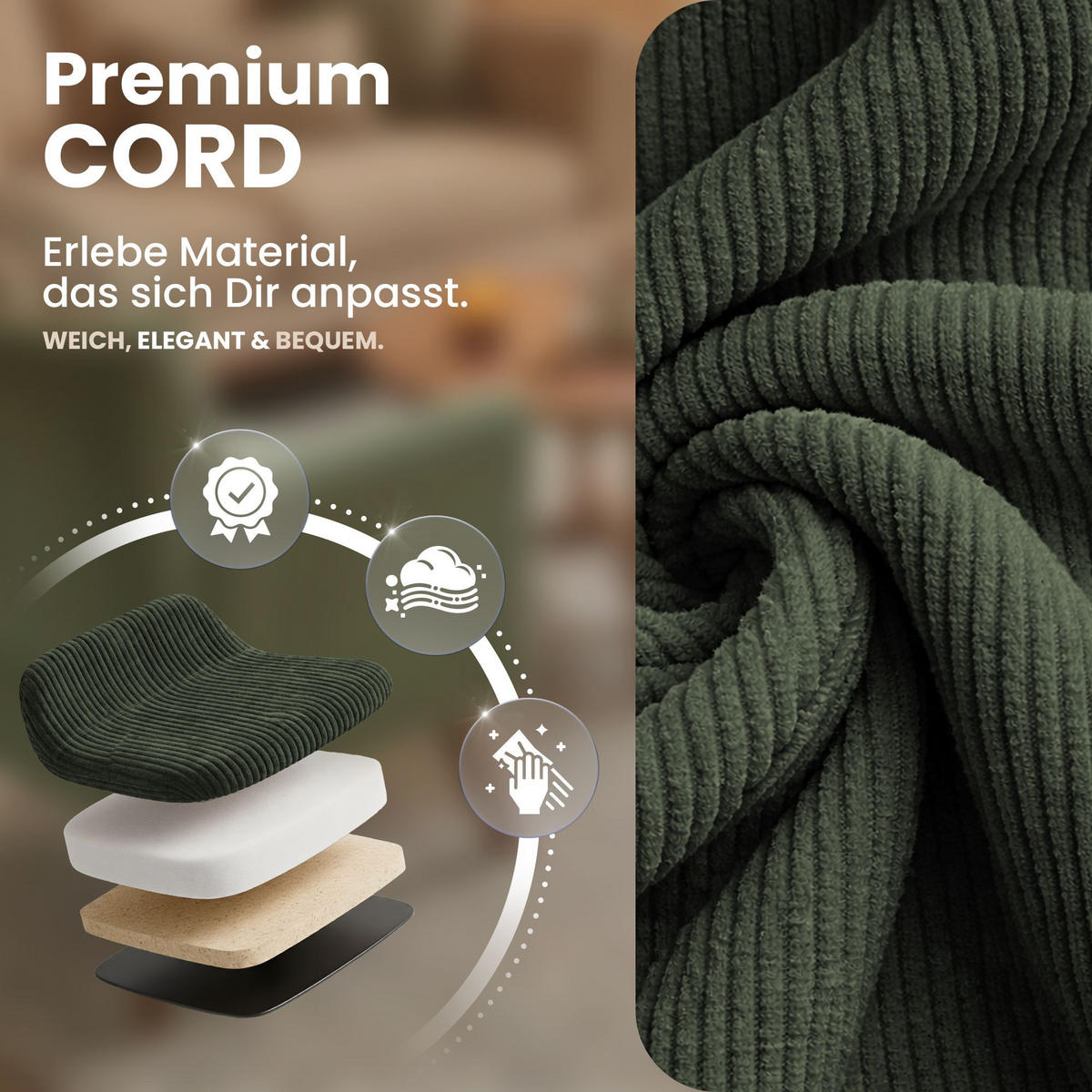 ARMLEHNENSTUHL Cord Grün - Schwarz/Grün, Textil/Metall (60/81/59cm) - CLP