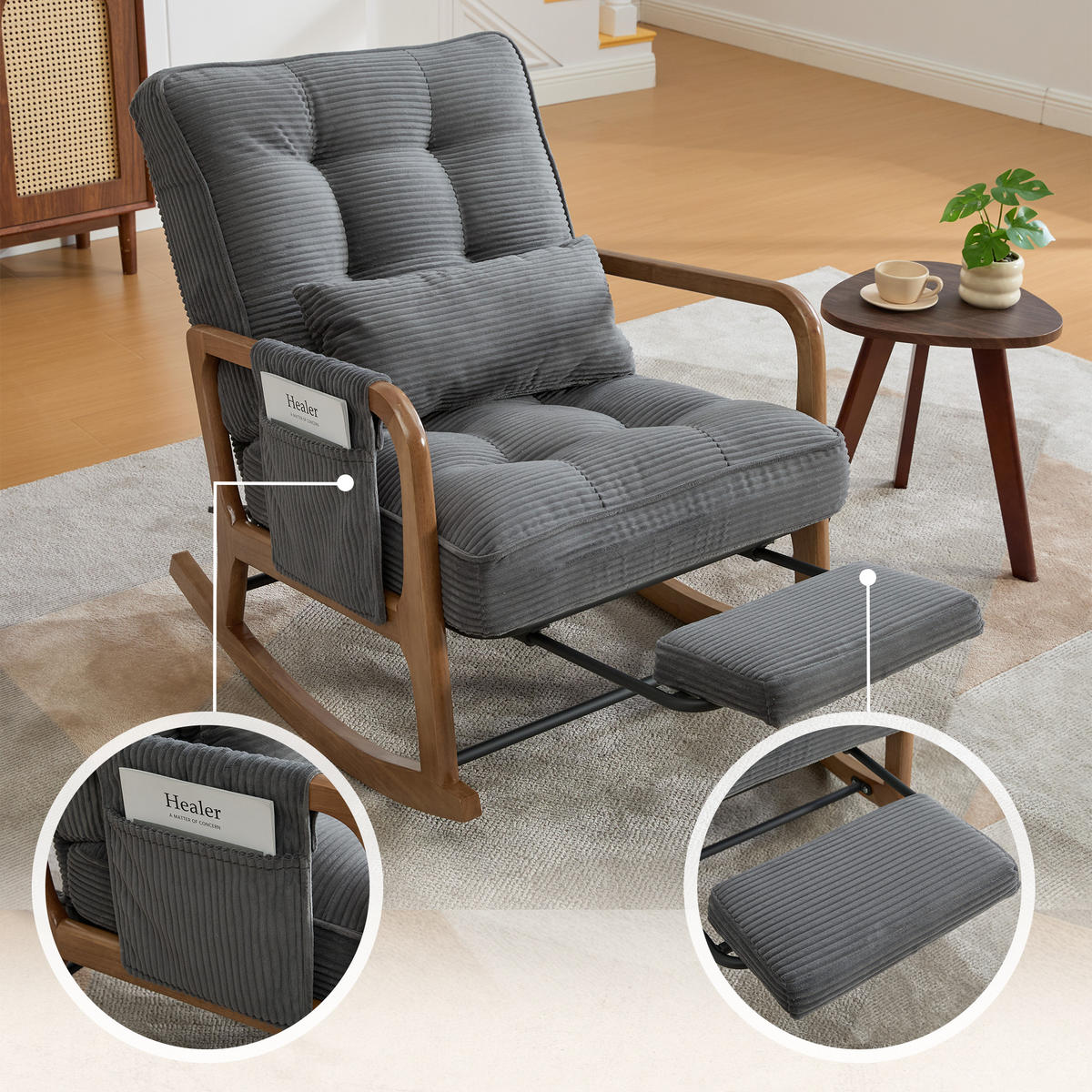 SCHAUKELSTUHL Relaxsessel mit Fußstütze,verstellbarer Rückenlehne,Cord,Grau - Grau, Textil (70/92/80cm) - LVHOM
