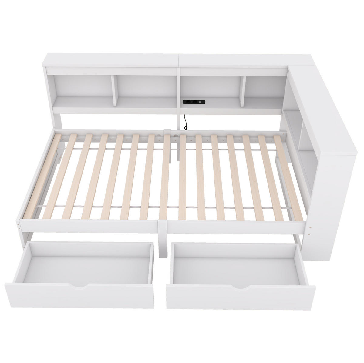 TAGESBETT 90/200 cm Weiß mit 2 Schubladen und USB-Anschlüssen - Weiß, Holzwerkstoff (90/200cm) - OKWISH