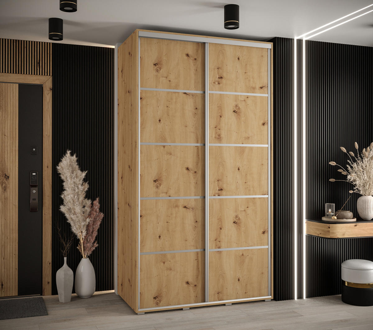 SCHWEBETÜRENSCHRANK 235,2/140/60 2-türig - Silberfarben/Eiche Artisan, Holz/Metall (140/235/60cm) - Abiks Möbel