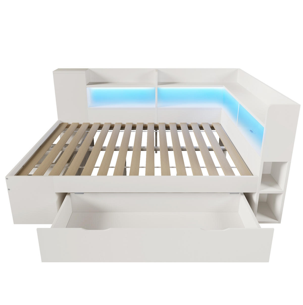 DENNÁ posteľ 140/200 cm biela z MDF a drevotriesky s LED osvetlením úložným priestorom a USB nabíjaním - biela, kompozitné drevo (140/200cm) - OKWISH