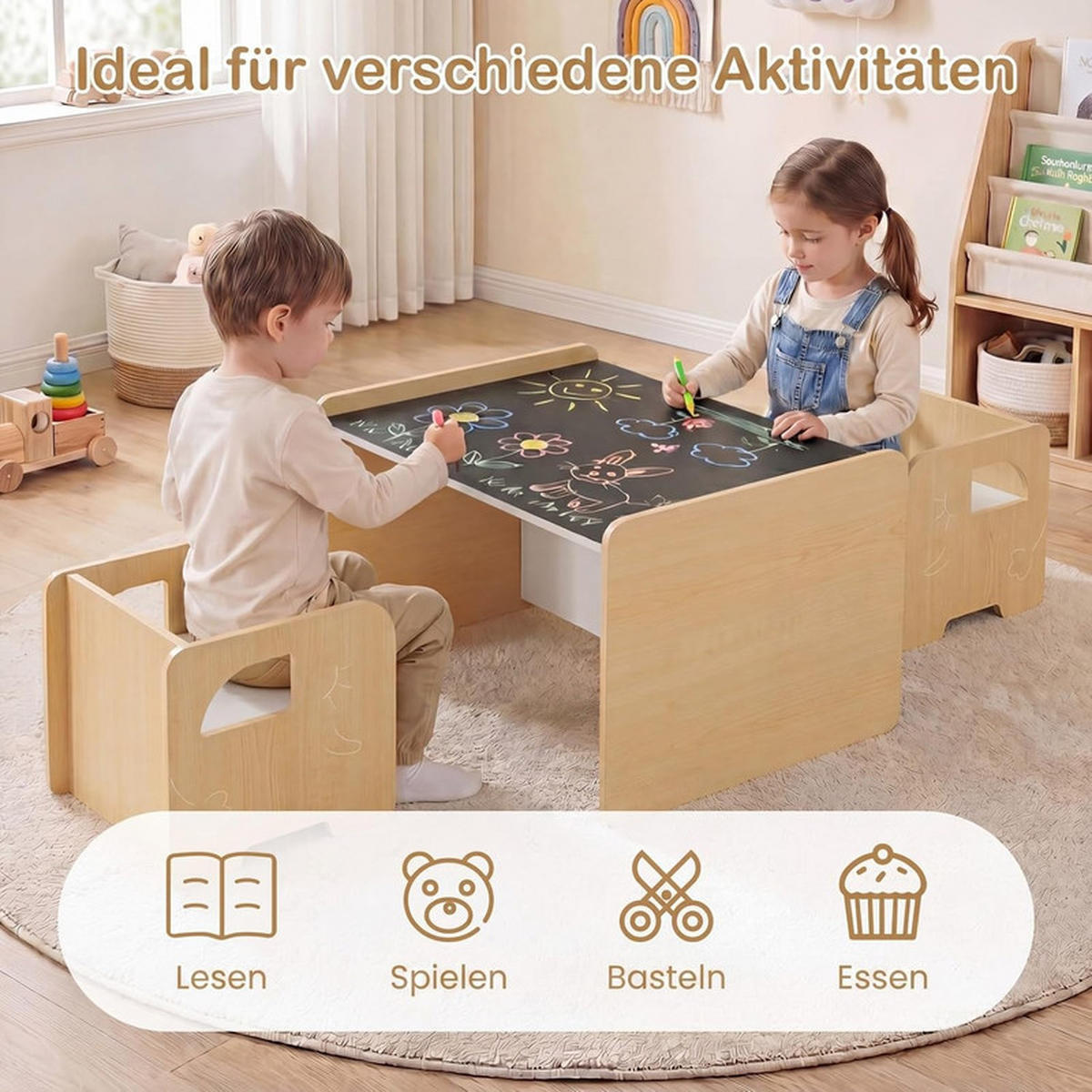 KINDERTISCH mit Stuhl natur(3-tlg) - Naturfarben, Holzwerkstoff (62.5/40/48cm) - COSTWAY