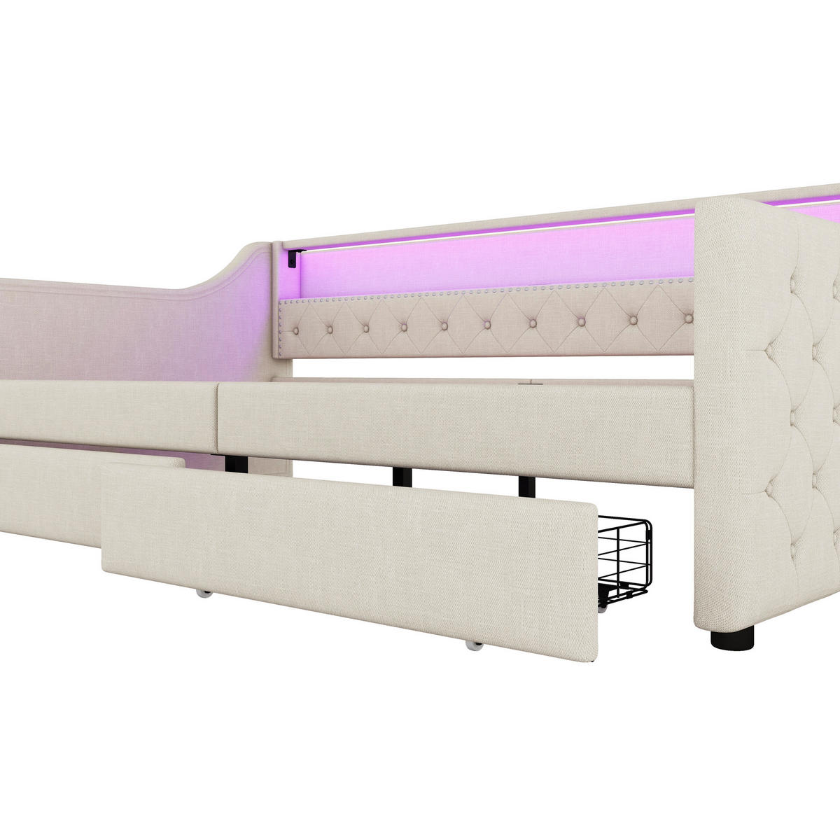 DNEVNI krevet 90/200 cm bež od lana i MDF-a s LED rasvjetom, USB priključkom i 2 ladice - bež, tekstil (90/200cm) - OKWISH