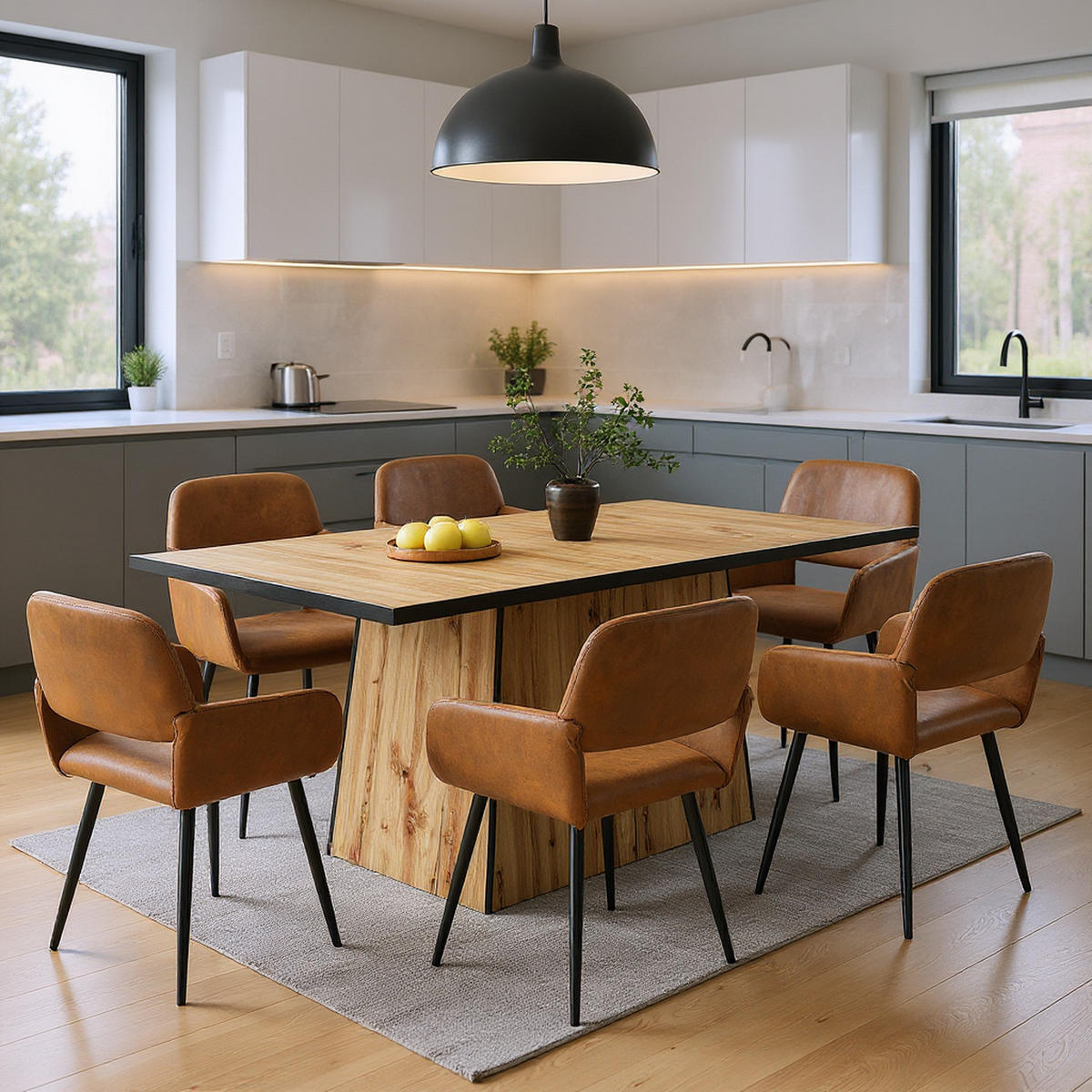 ESSTISCH SET mit 1 Tisch und 6 Stühlen im Retro-Stil - Braun, Holzwerkstoff/Textil (138.5/75/80cm) - Urban Meuble