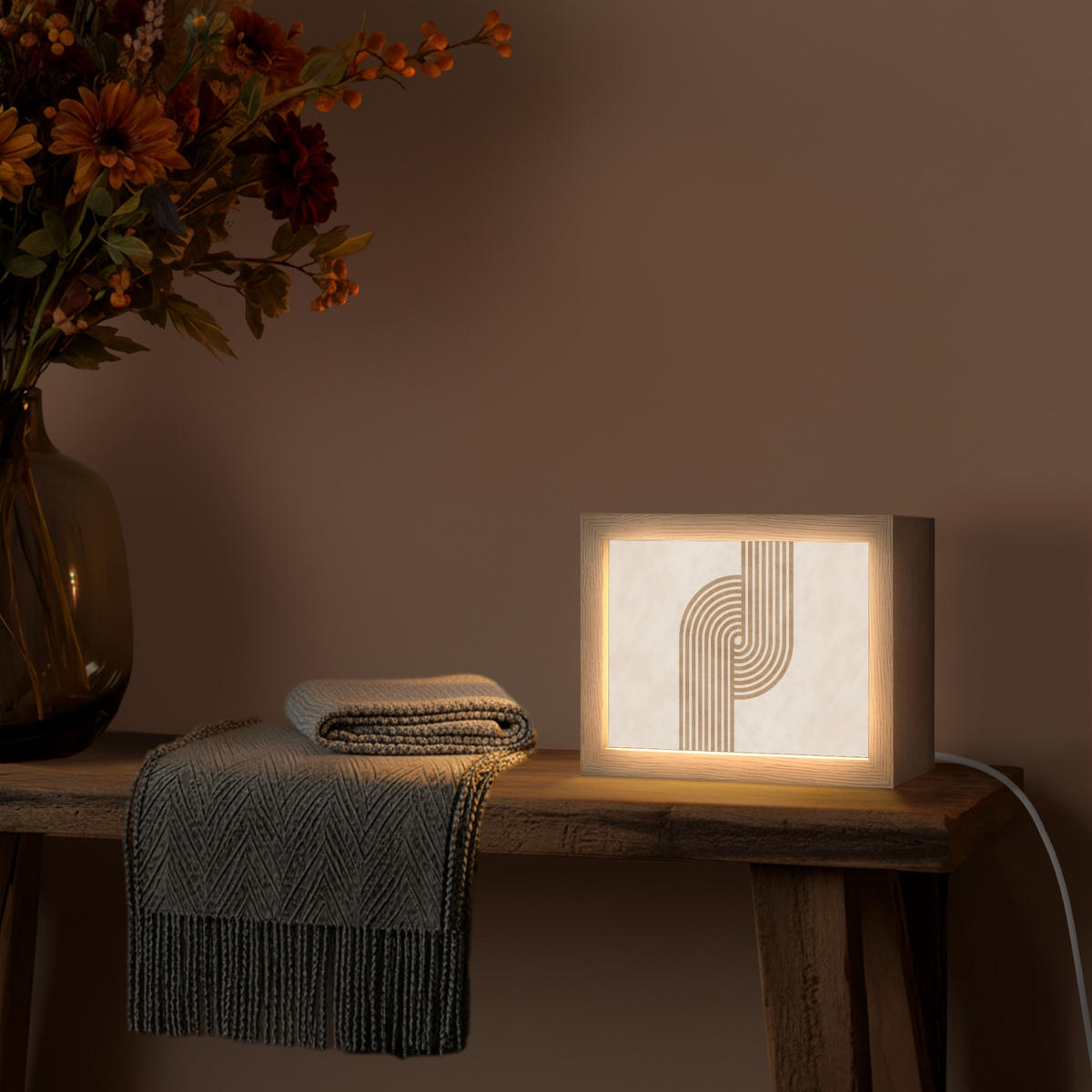 NÁSTĚNNÁ LAMPA Symetrický ohyb - měděná barva 20x15 cm - béžová, kompozitní dřevo (20/15/8cm) - OnlyWow