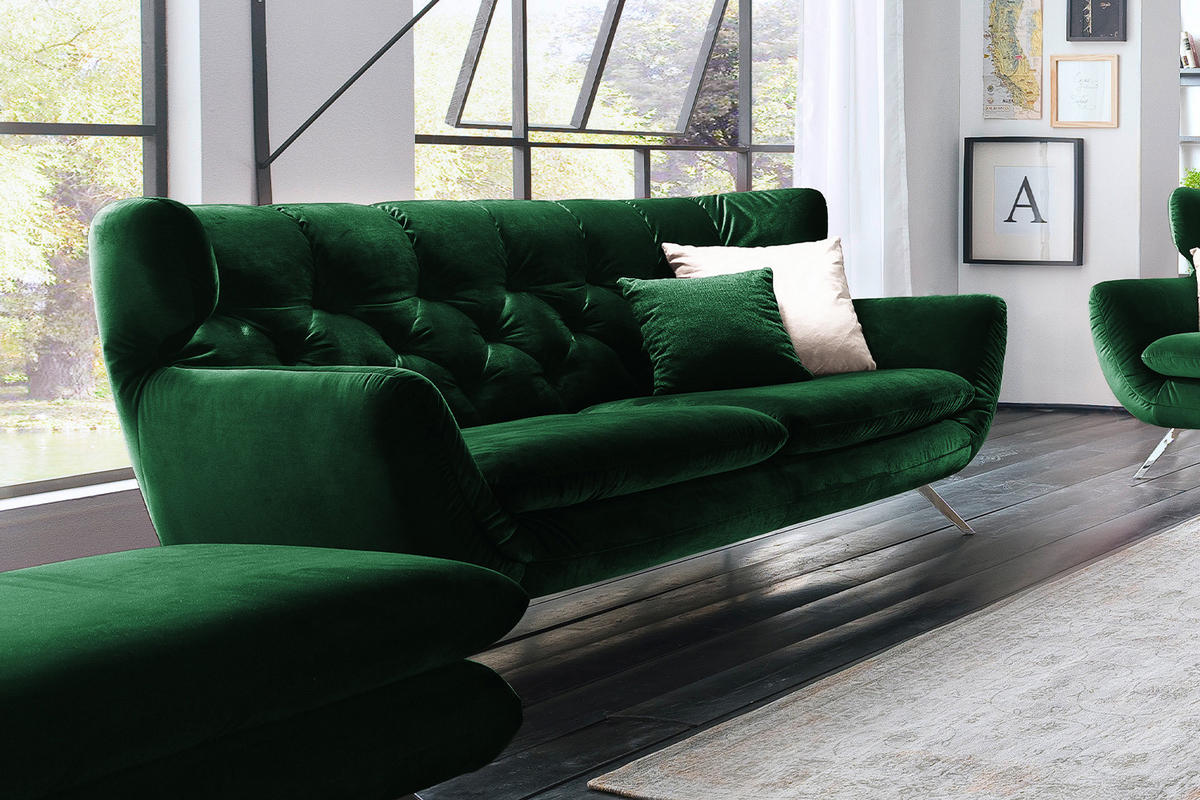 SOFA CHARME Smaragdgrün Velvet - Smaragdgrün/Dunkelbraun, Textil (225/94/95cm) - KAWOLA