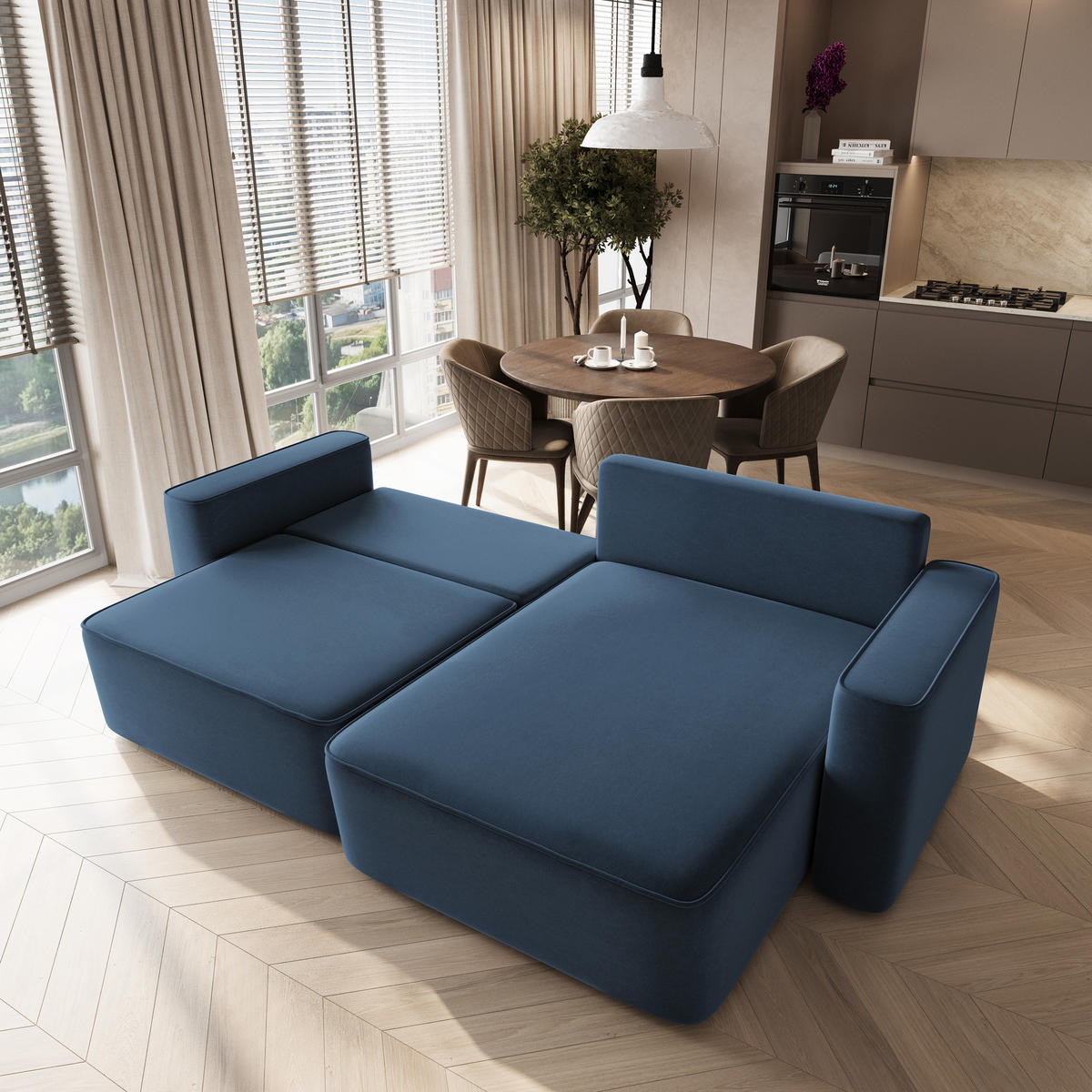 ECKSOFA BELISE CL Blau Veloursstoff mit Schlaffunktion - Blau, Holz/Textil (252/162cm) - MASSENO