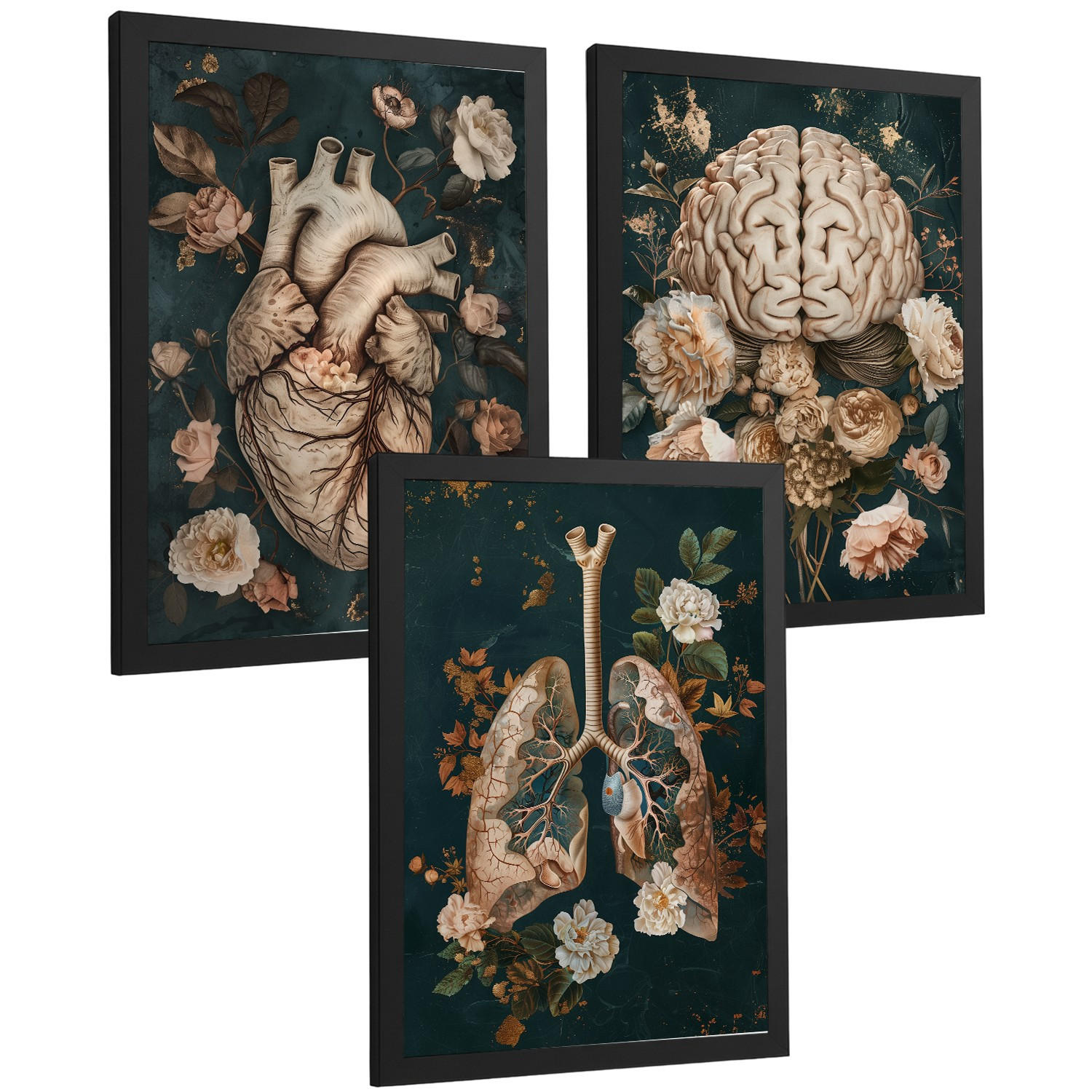POSTER Set aus 3 Anatomie Drucke und Dekorative Wandbilder mit Herz Gehirn Lungen Atmungssystem Florales Grün Gold Design Größe Schwarzer Rahmen A3 - Schwarz, Papier (29.7/42/3cm) - Nacnic