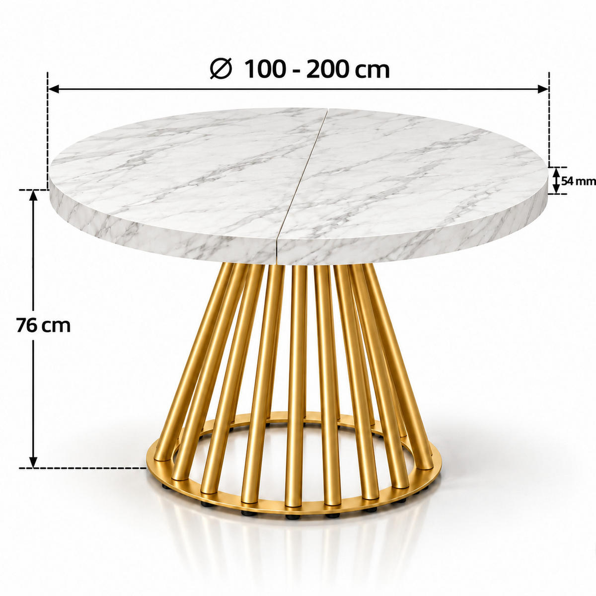 ESSTISCH rund ausziehbar 100/200/76 cm, Marmor, 54 cm Tischplatte + Lamellen-Metallgestell Gold - Goldfarben/Hellgrau, Holzwerkstoff/Metall (100/200/76cm) - Damale Möbel