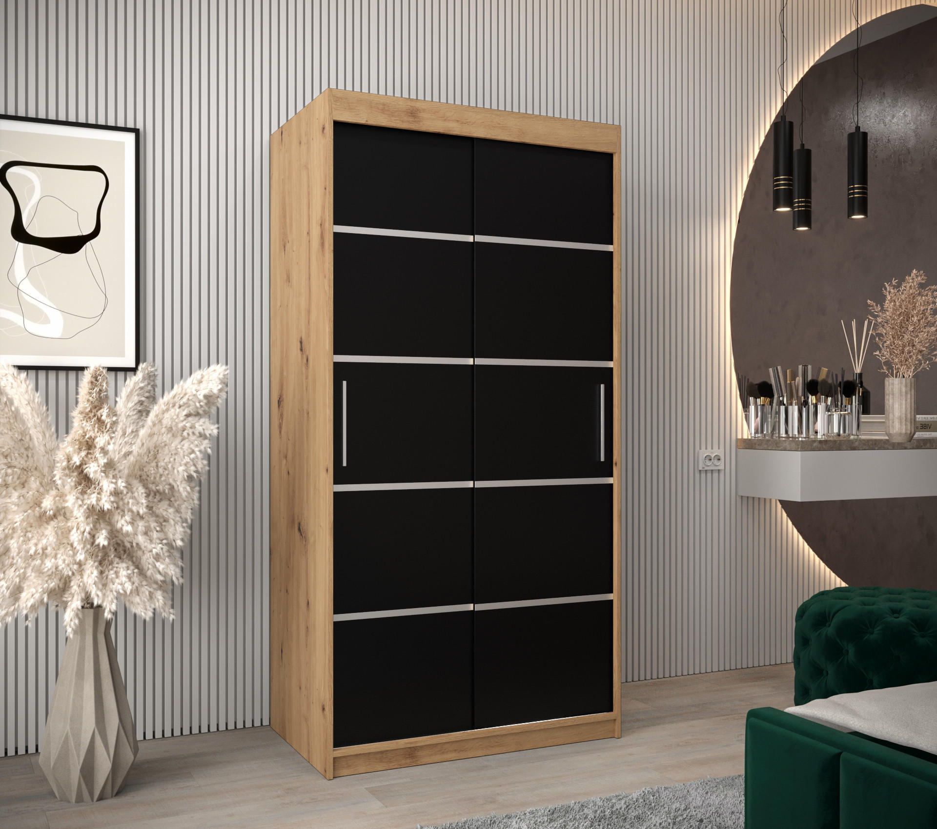 SCHWEBETÜRENSCHRANK 200/100/62 2-türig - Silberfarben/Schwarz, Holz/Kunststoff (100/200/62cm) - Abiks Möbel
