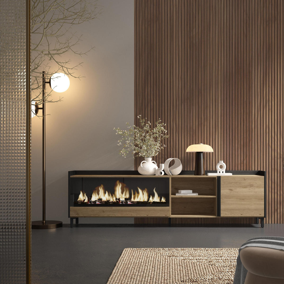 LOWBOARD, Eiche und Schwarz, 212/35/61cm, Kamin mit Feuereffekt XXL - Eichefarben, Holzwerkstoff (212/61/35cm) - Skraut Home