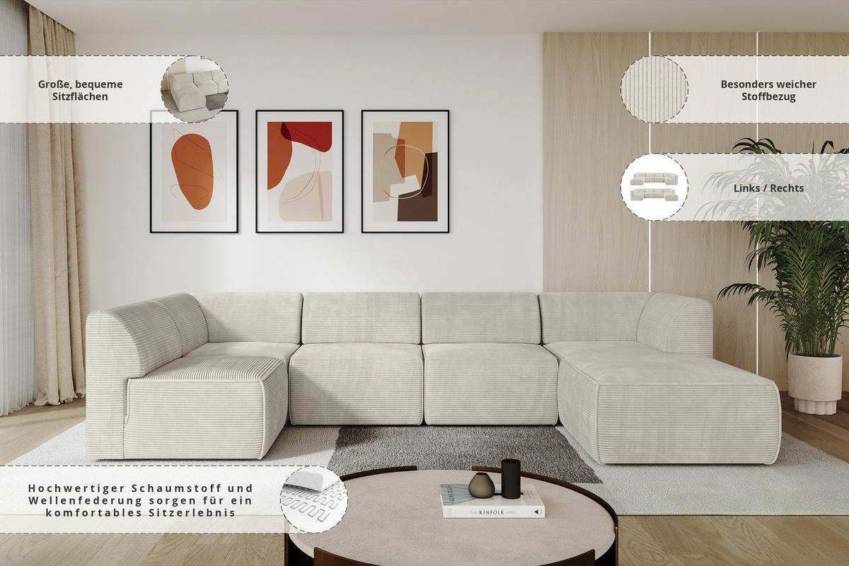 WOHNLANDSCHAFT Ottomane Rechts MOVO-L 345x180x78 cm Cream Cord - Creme/Schwarz, Holzwerkstoff/Kunststoff (345/78/180cm) - ALTDECOR