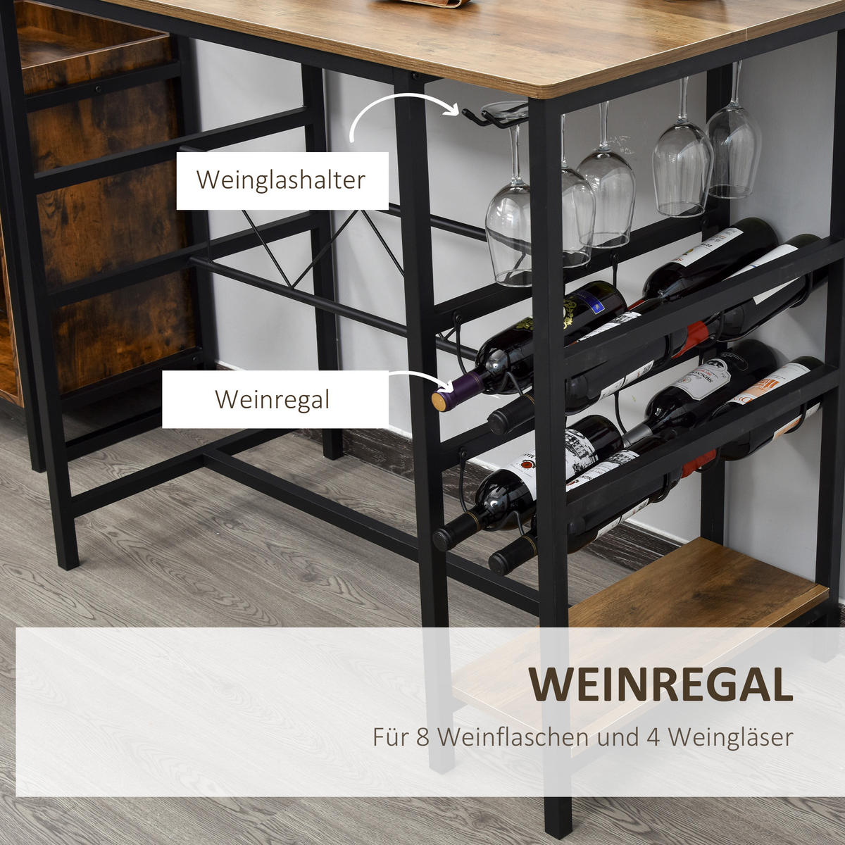 BARTISCH-SET, Spanplatte, Natur+Schwarz - Naturfarben, Kunststoff (60/95/108cm) - HOMCOM