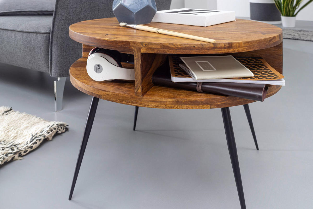COUCHTISCH aus Sheesham Massivholz, Rund mit 4 Ablagefächern, Gestell aus Schwarzem Metall - Schwarz/Braun, Holz/Metall (60/60/45cm) - KADIMA DESIGN