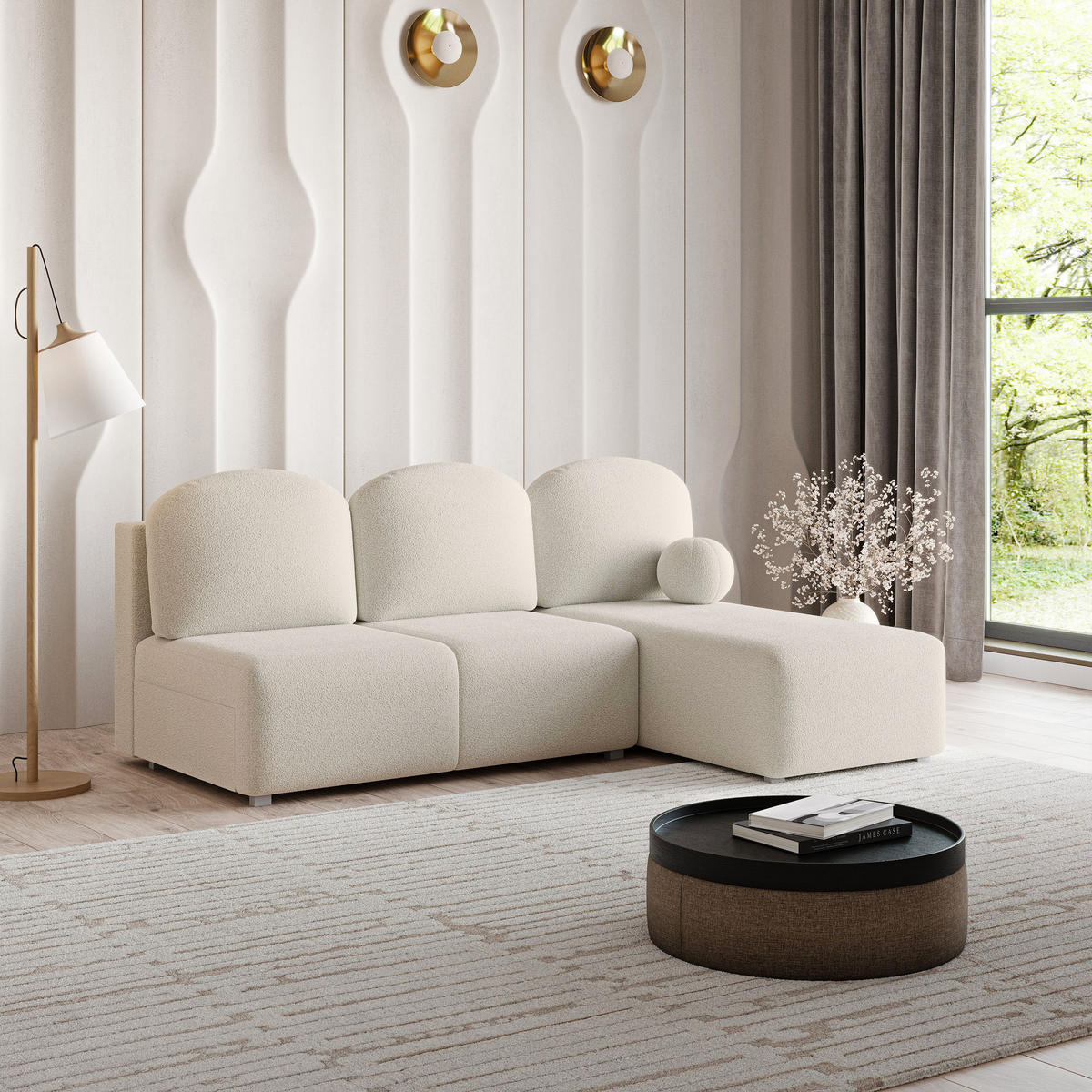 ECKSOFA TRAMA Creme Boucle-Stoff mit Schlaffunktion - Creme, Holz (200/143cm) - MASSENO
