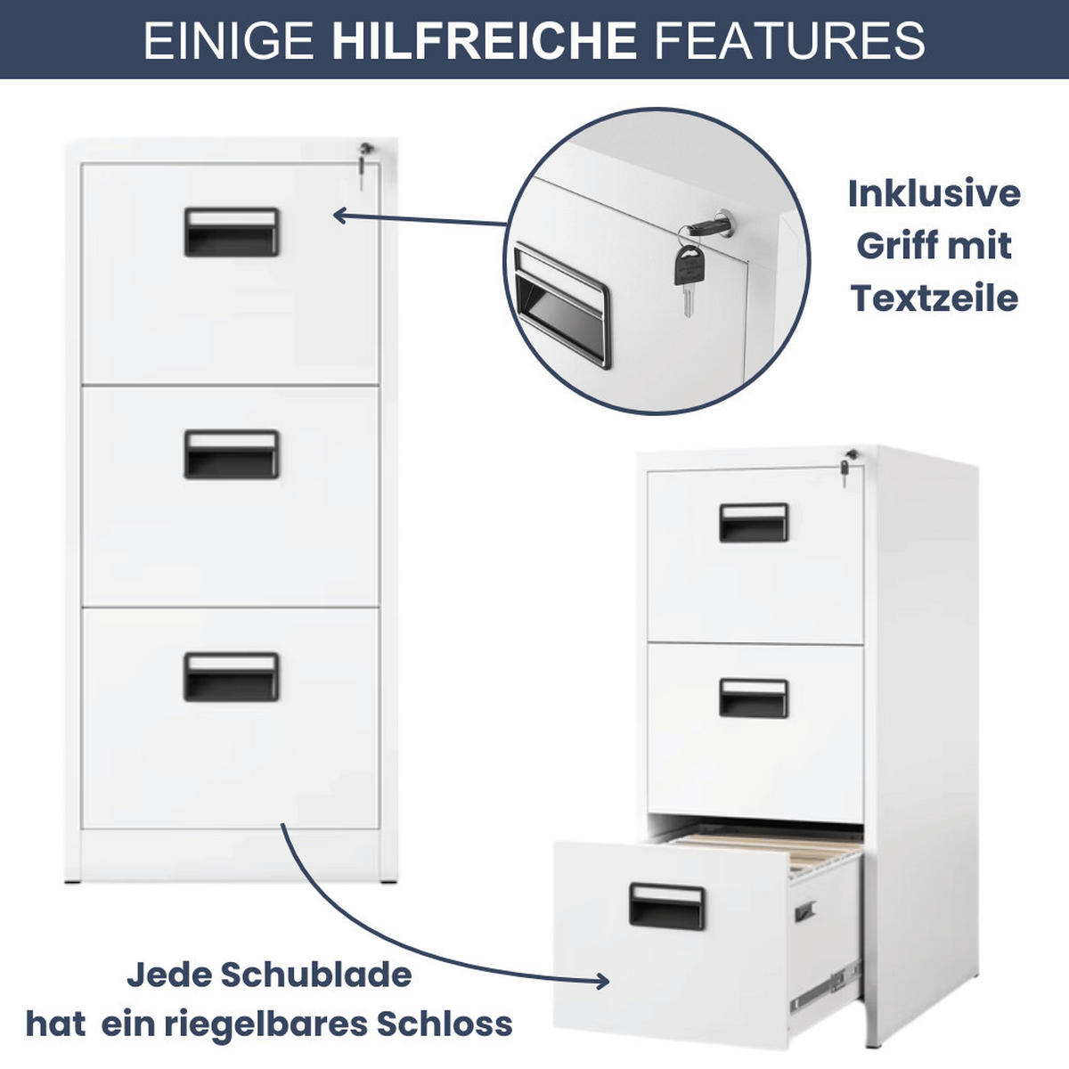 HÄNGEREGISTERSCHRANK abschließbar TION 3 Schubladen 102x46x62cm Weiß - Weiß, Metall (46/102/62cm) - DELUKE