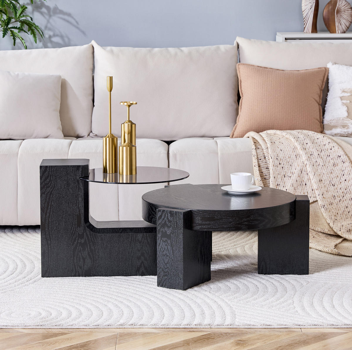 COUCHTISCH mit Ablage 61 cm, trennbar, aus Glas und MDF in schwarzer Holzoptik - Schwarz, Holzwerkstoff (61/61/30cm) - BEAOK