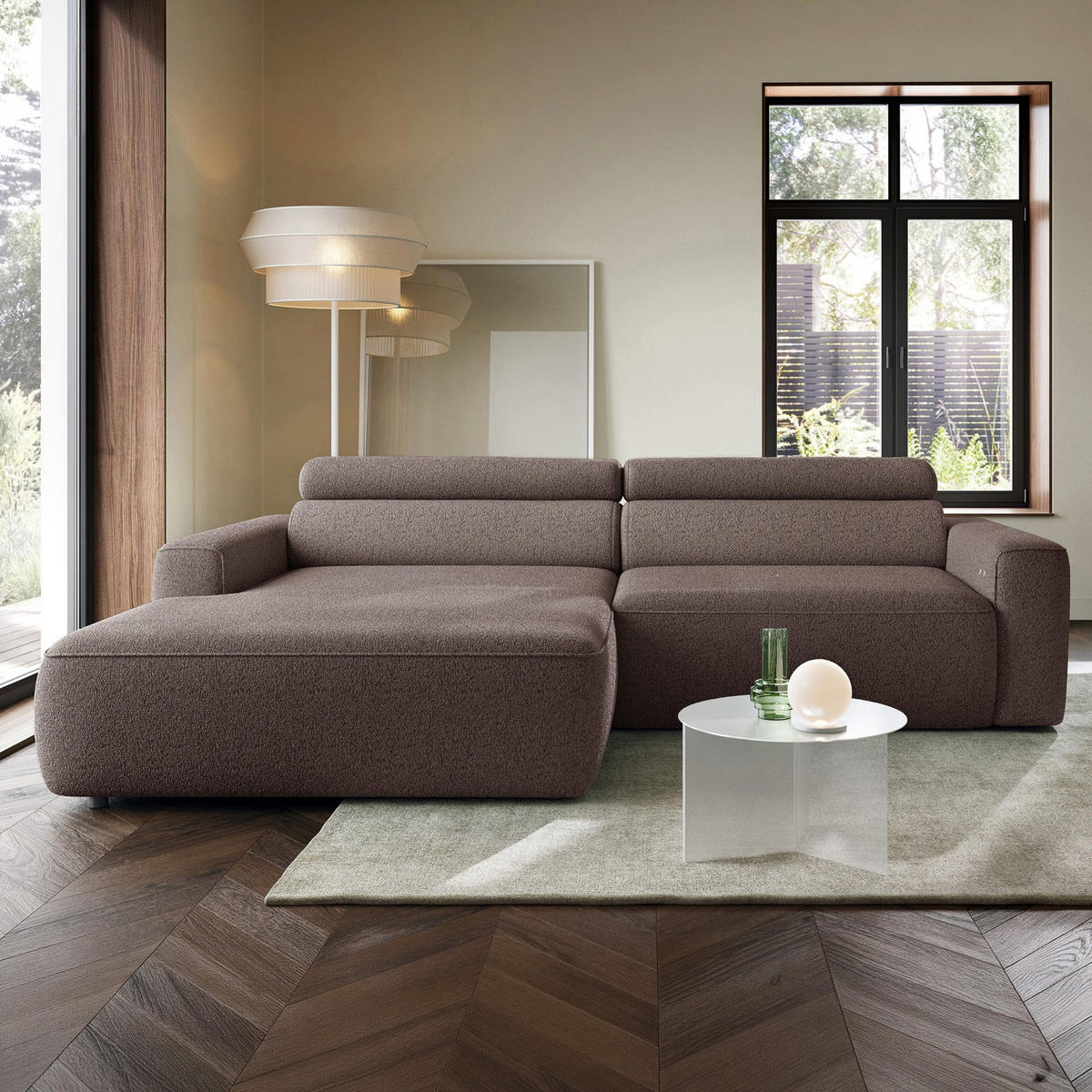 ECKSOFA Fando mit Schlaffunktion, L-Form, 4-Sitzer 252 cm, links Flechtstoff Hellbraun - Hellbraun/Schwarz, Holz/Kunststoff (252/182cm) - Selsey