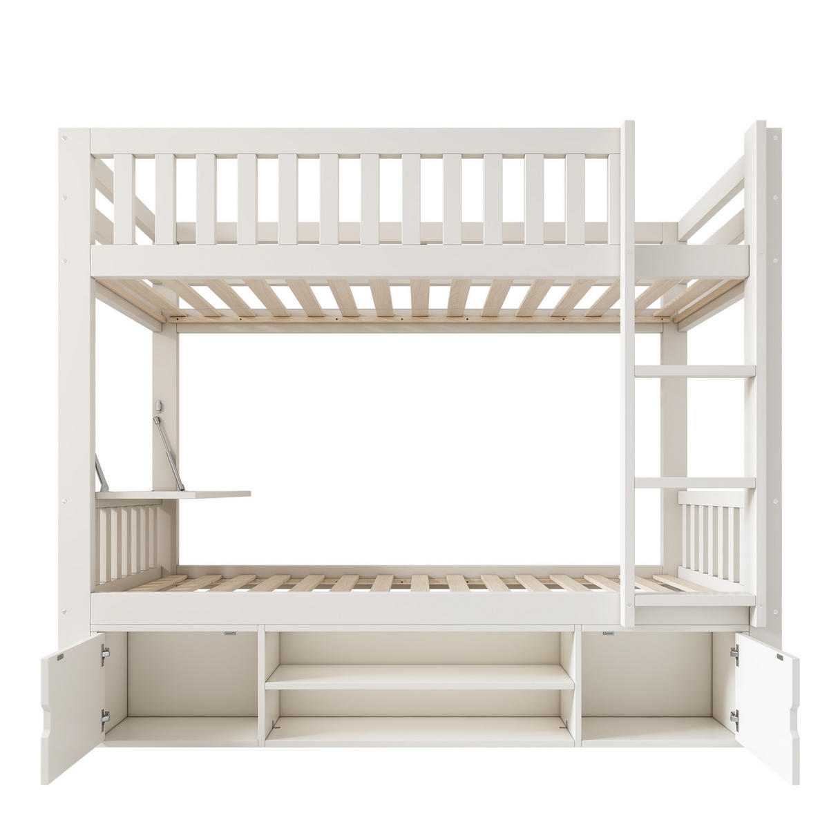 ETAGENBETT 90/200 cm mit klappbarem Tisch, Schuhregal und Stauraum, Weiß - Weiß, Holzwerkstoff (90/200cm) - Redom