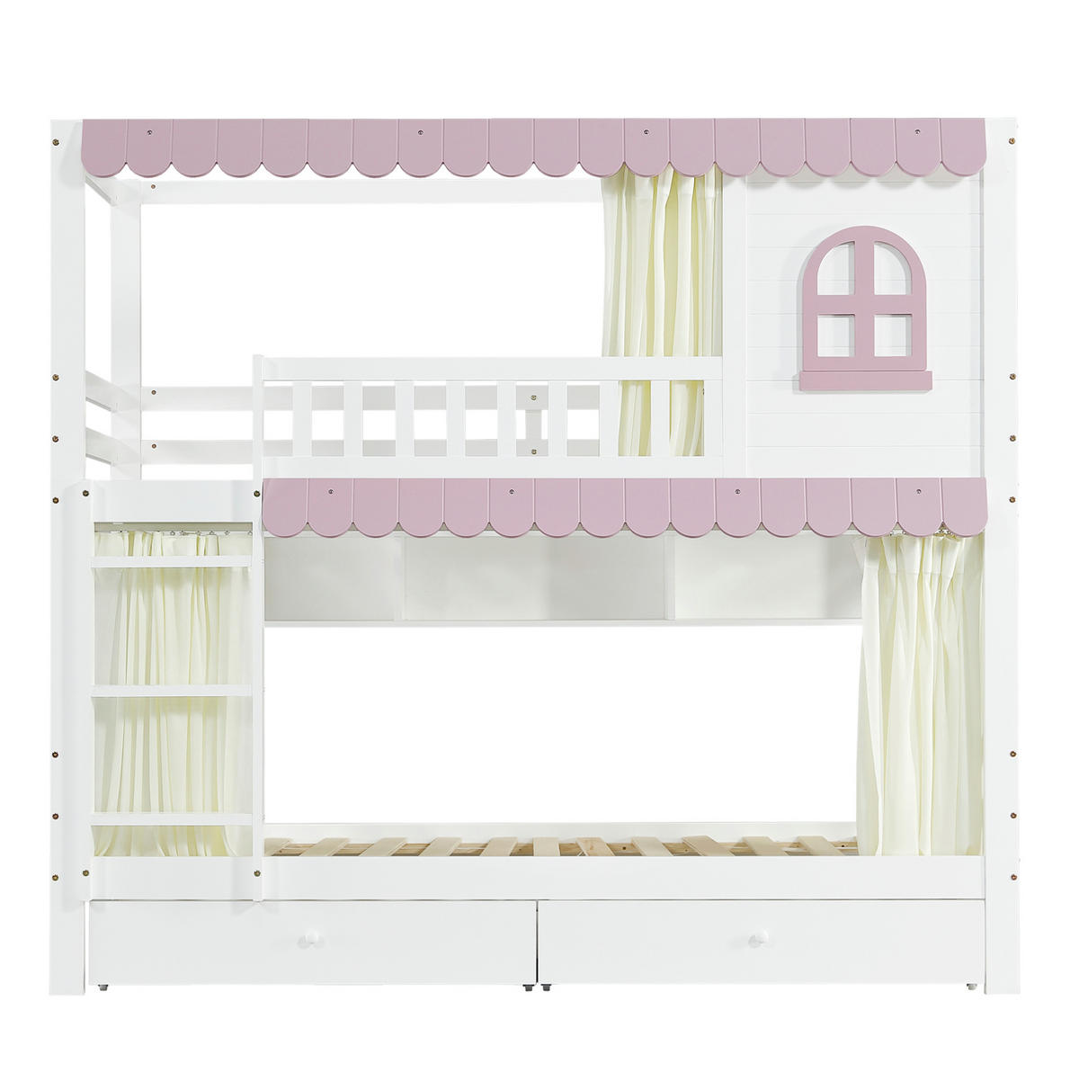 ETAGENBETT 90/200 cm mit Fallschutz, Fenster, Vorhängen, Regalen und 2 Schubladen, Weiß/Rosa - Weiß, Holzwerkstoff (90/200cm) - Redom