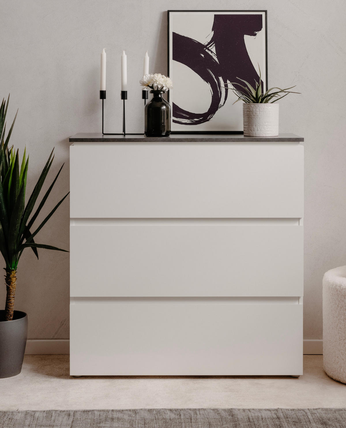 SCHUBLADENKOMMODE weiß Glanz, grau 89 cm, Kommode mit 3 Schubkästen - Schwarz/Weiß, Holzwerkstoff/Kunststoff (88.5/92/40cm) - Furn.Design