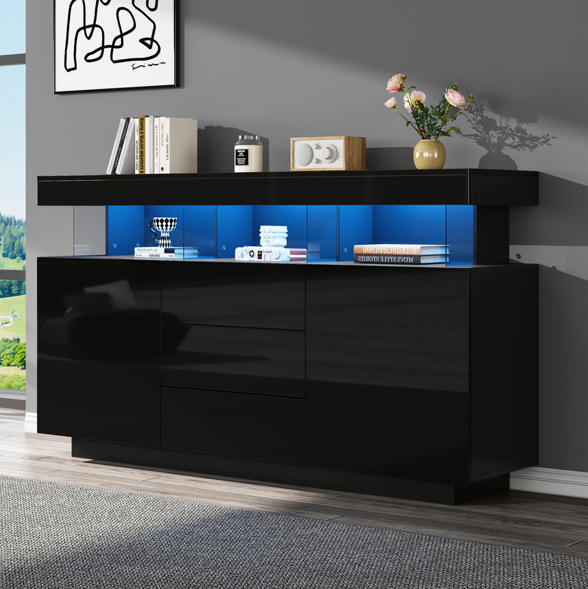 SIDEBOARD 140/35/80 cm schwarz aus Spanplatte mit LED-Beleuchtung - Schwarz, Holzwerkstoff (35/80/140cm) - OKWISH