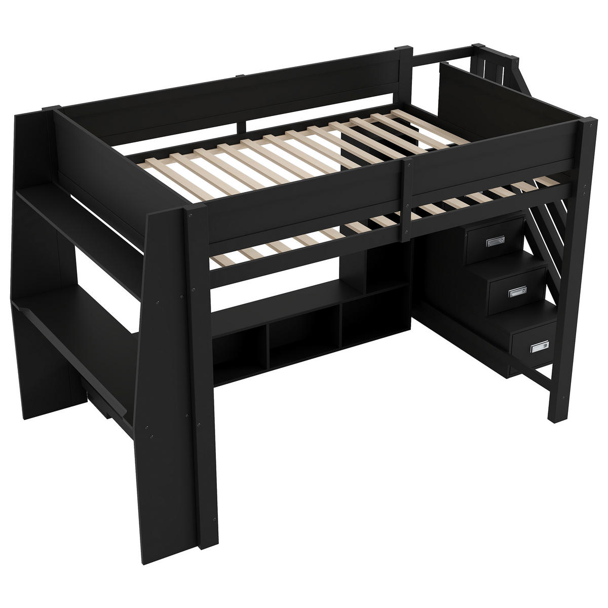 HOCHBETT 140/200 cm in Schwarz mit Schreibtisch, LED und Stauraumtreppe - Schwarz, Holz/Holzwerkstoff (140/200cm) - WISHDOR