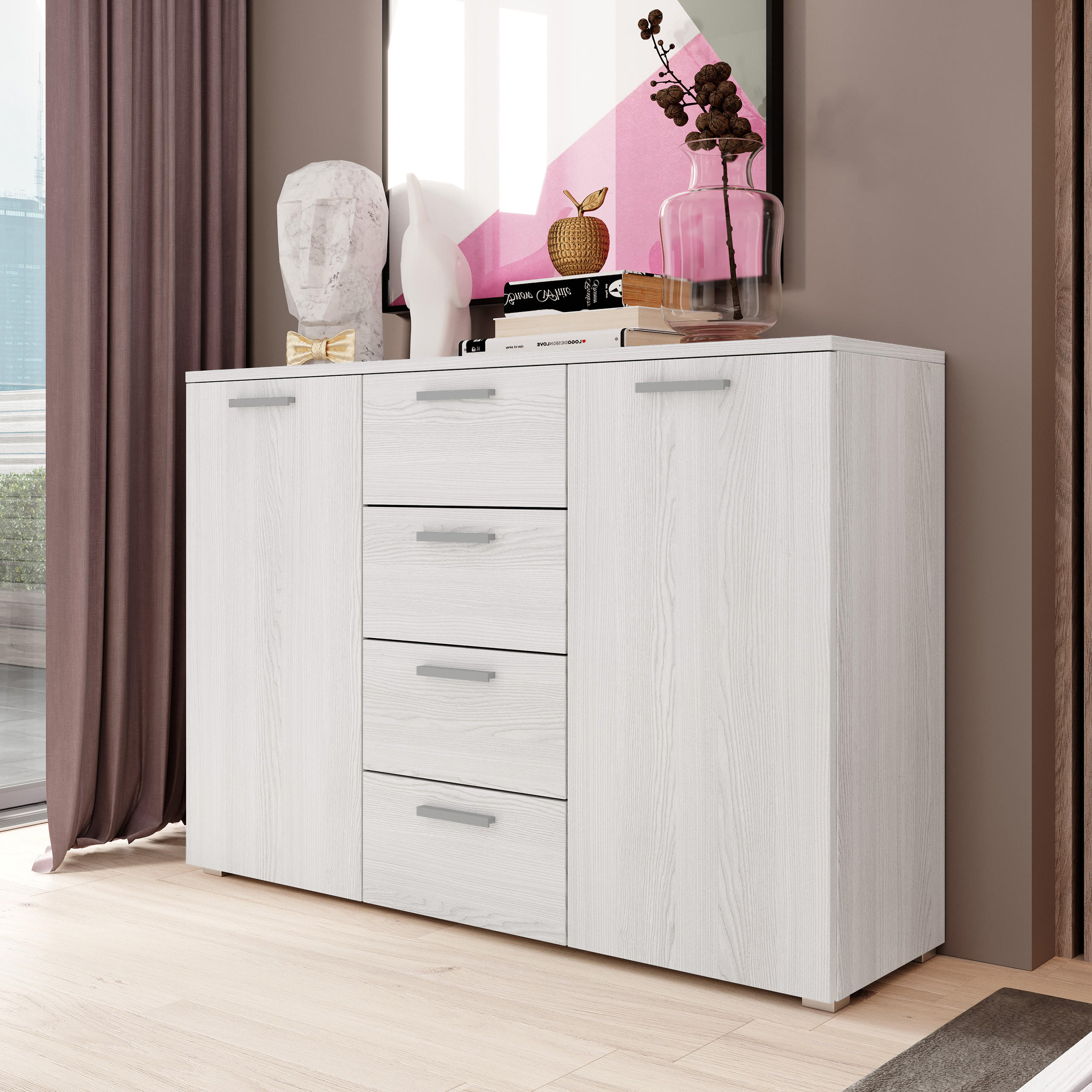 SIDEBOARD COSMICO 132/93/38 cm mit 4 Schubladen und 2 Türen - Weiß, Holzwerkstoff (132/93/38cm) - MASSENO