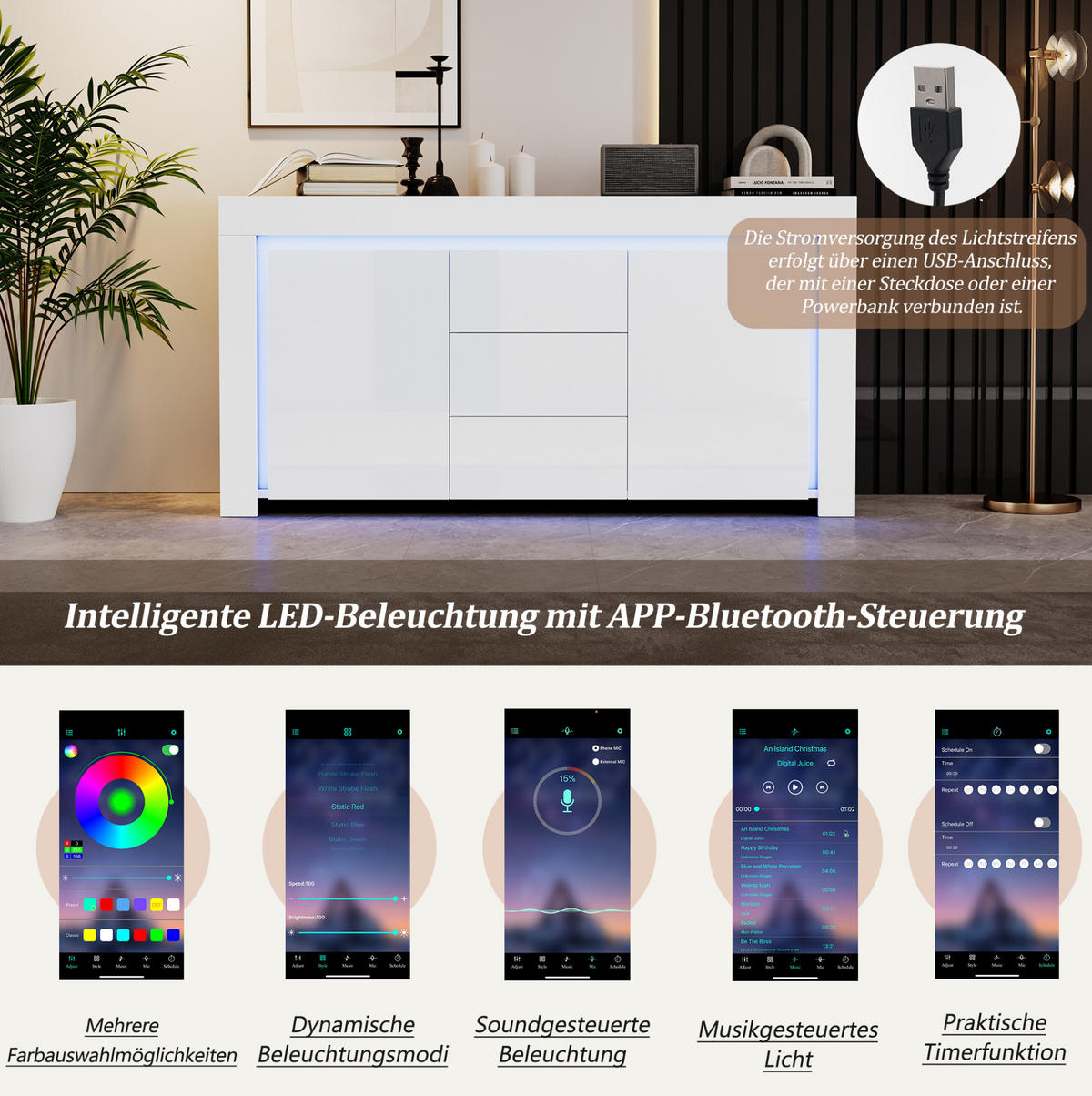 SIDEBOARD 140/40/65 cm mit LED-Beleuchtung, 2 Türen, 3 Schubladen und Hochglanzfront aus MDF, Weiß - Weiß, Holzwerkstoff (140/65/40cm) - Redom