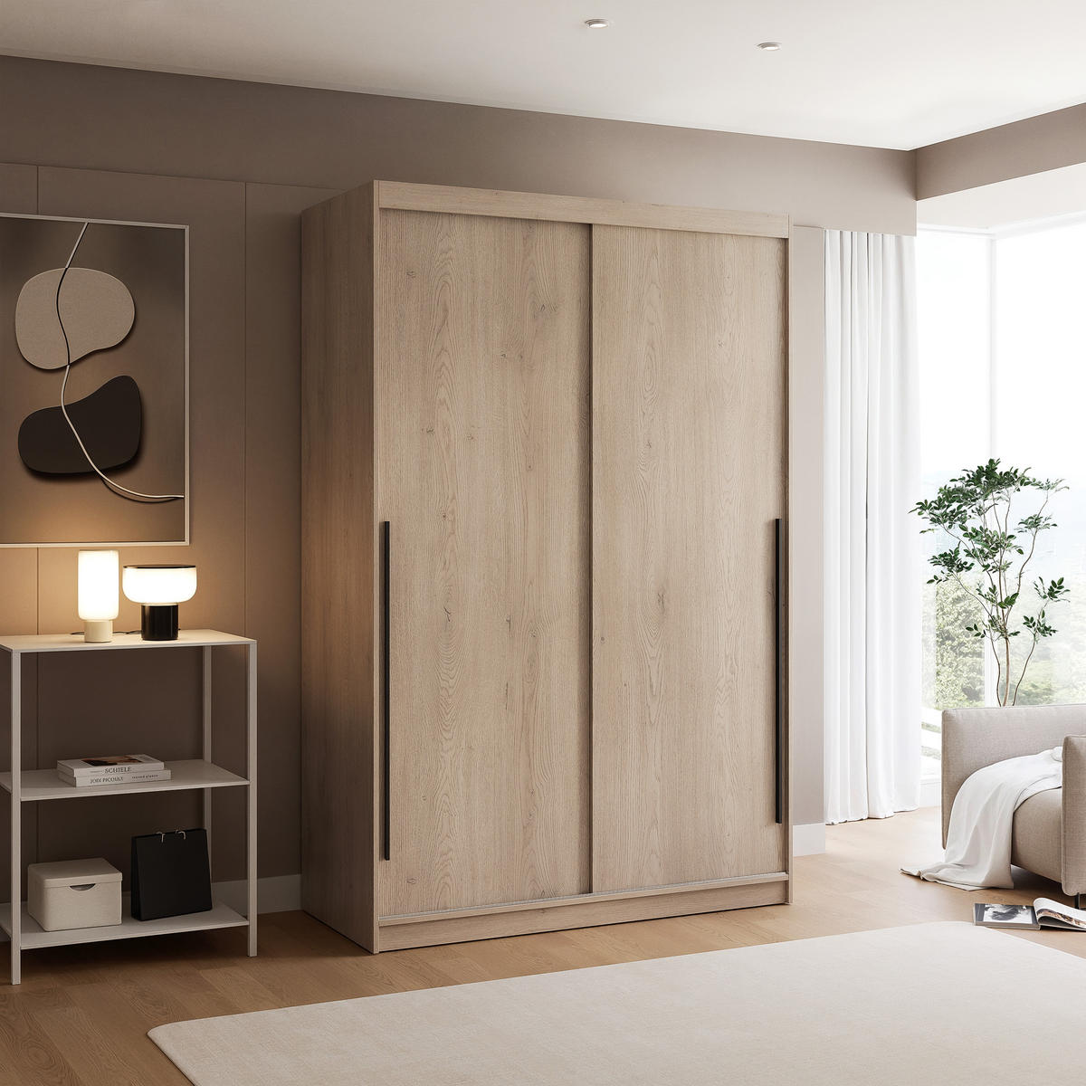 SCHIEBETÜRENSCHRANK SILENTE 140 cm mit Einlegeböden und Kleiderstange - Braun, Holzwerkstoff (140/205/60cm) - Idohome