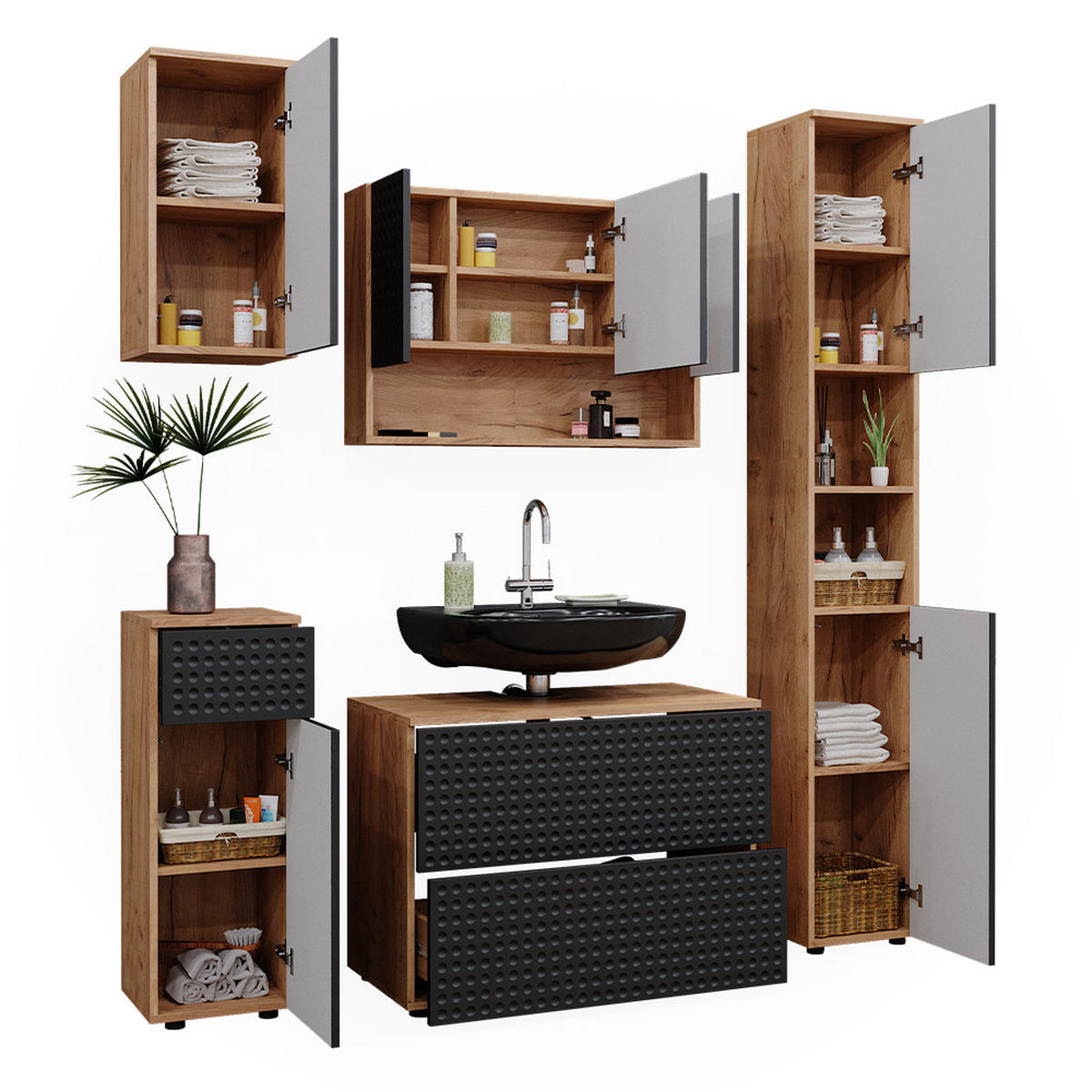 BADMÖBEL-SET Irma Anthrazit gepunktet 5 Teile - Honigeiche/Anthrazit, Holzwerkstoff (80/58.6/41cm) - Vicco