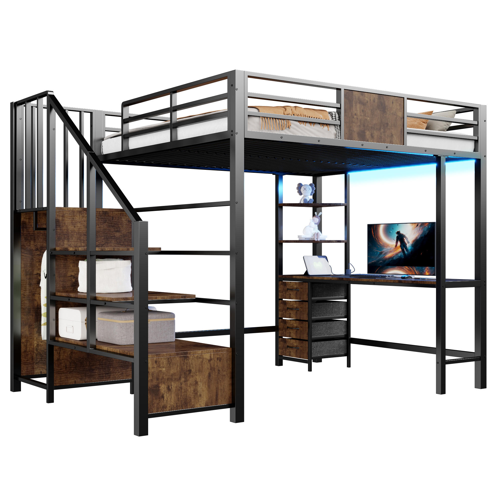 HOCHBETT 140x200cm Schreibtisch Metall Stauraum LED - Schwarz, Metall (140/200cm) - FLIEKS