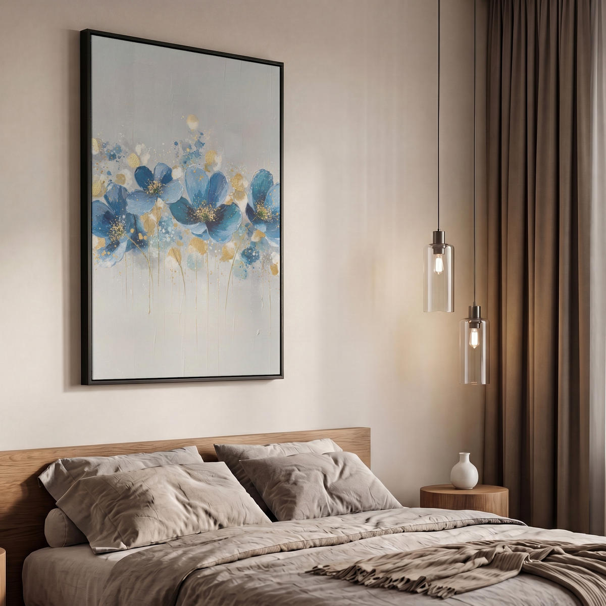 LEINWAND Bilder mit Rahmen - Blumen - Blau - Abstrakt - 60x90 - Hellgrau, Textil (60/90cm) - MuchoWow