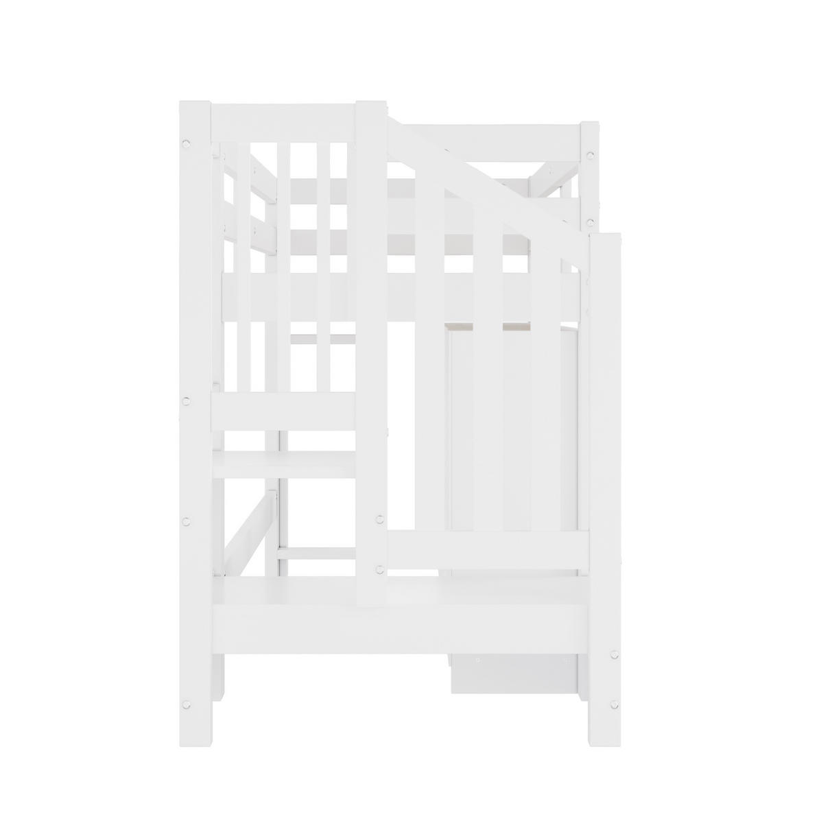 HOCHBETT aus Kiefernholz und MDF 90x200 cm Weiß mit Stauraumtreppe, Schränken und LED-Beleuchtung - Weiß, Holzwerkstoff (90/200cm) - Modfu