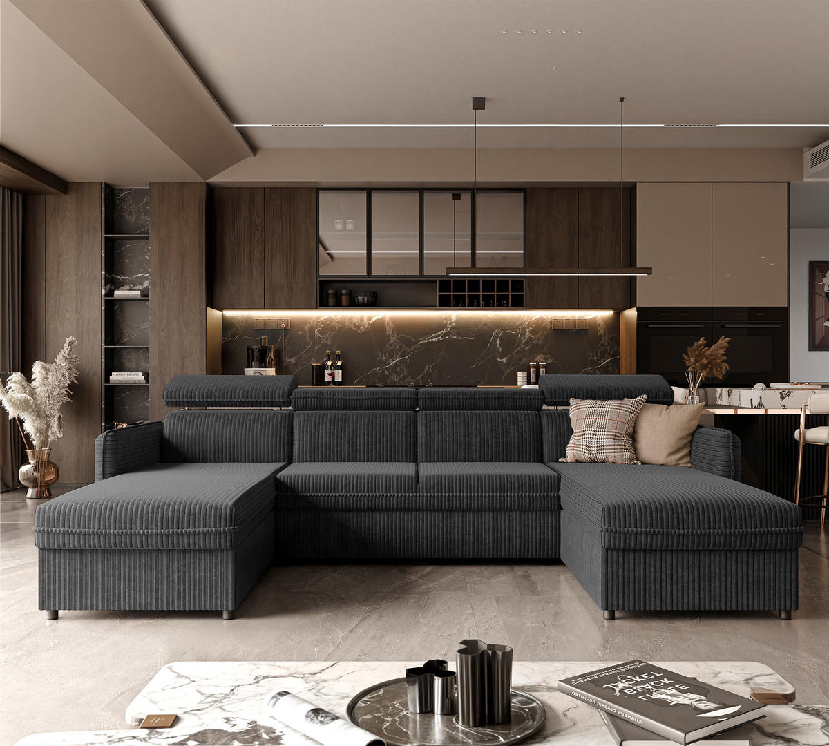 WOHNLANDSCHAFT U-Form Beni mit Schlaffunktion, Cord-Stoff Poso 135 Schwarz - Schwarz, Holzwerkstoff (286/60/166cm) - Idohome