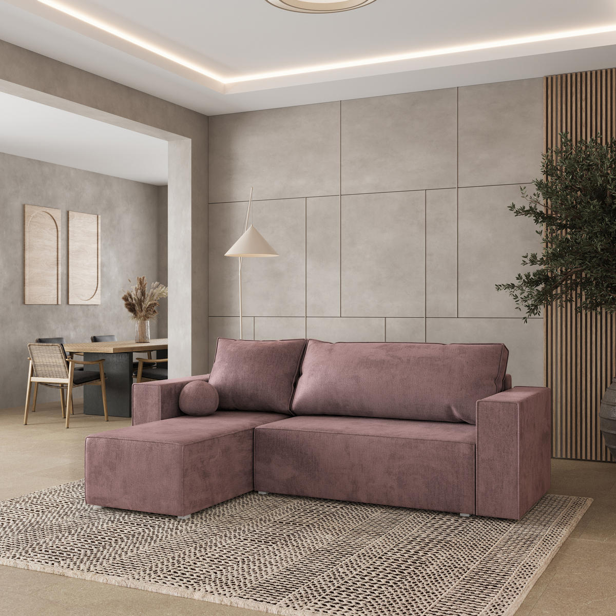 ROHOVÁ SEDAČKA RAVELO šeříková - šedá/šeříková, dřevo/textil (240/140cm) - MASSENO